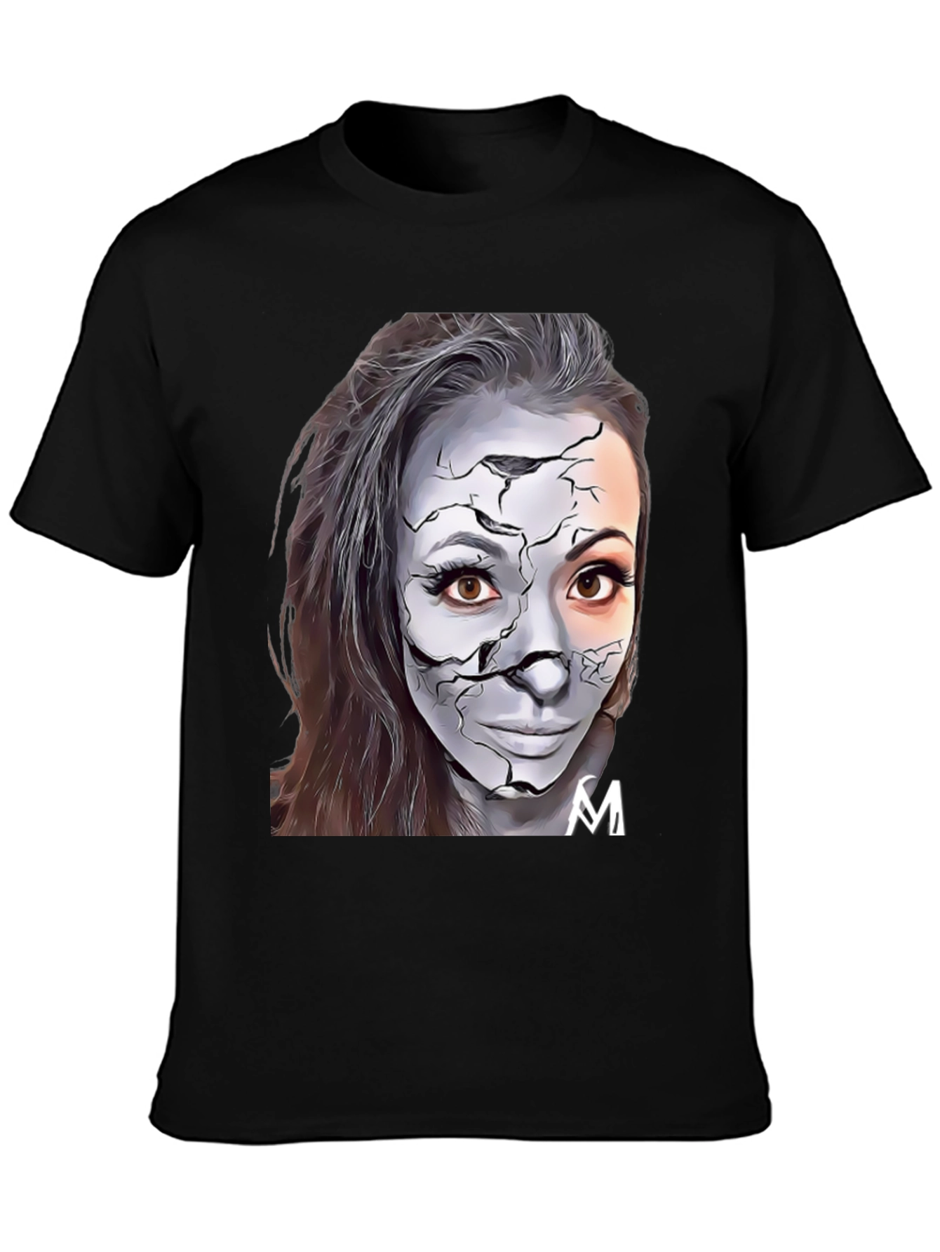 Cracked Face Art Graphic Black T-Shirt