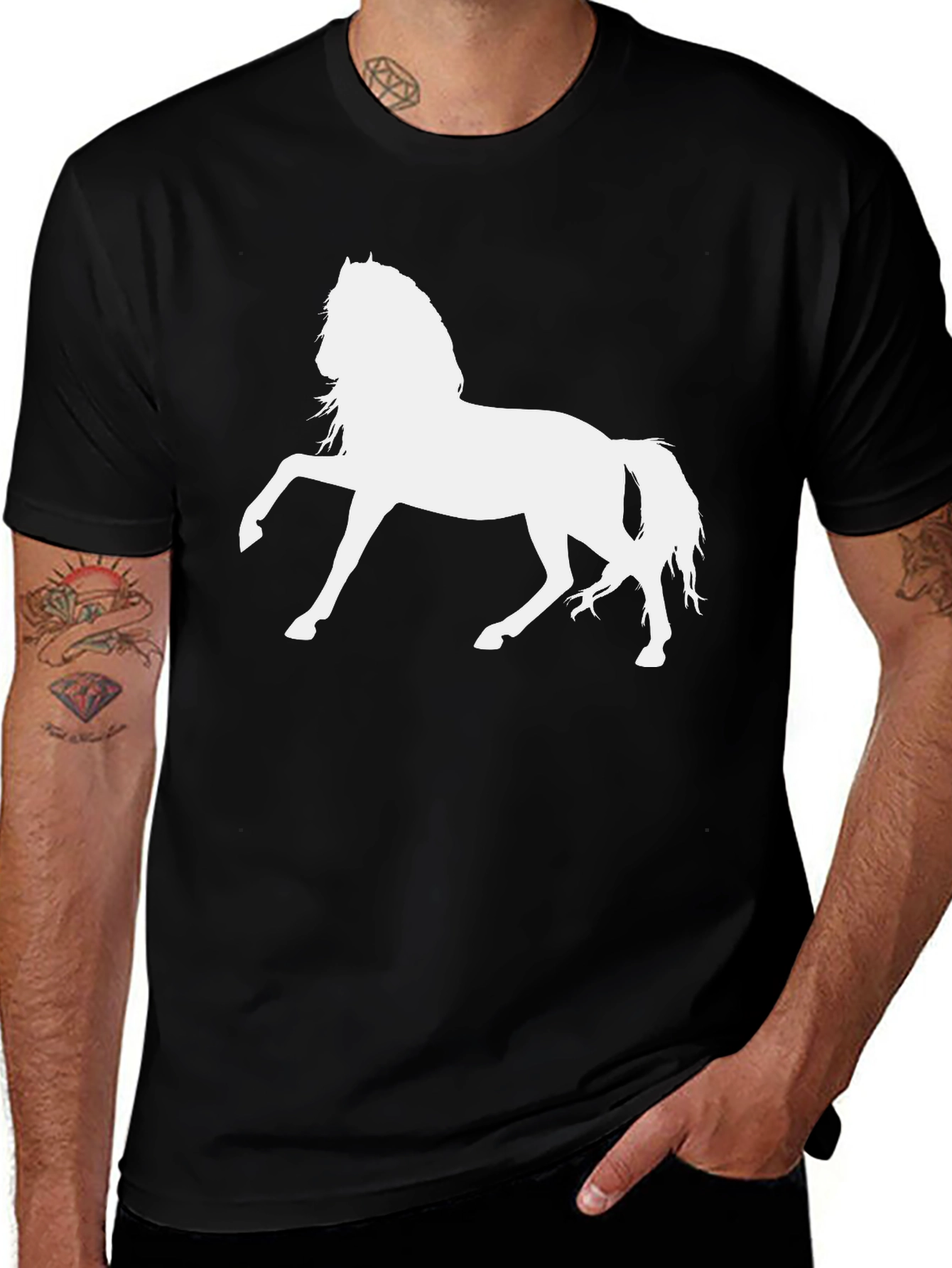 White Horse Graphic Tee - Black Cotton T-Shirt