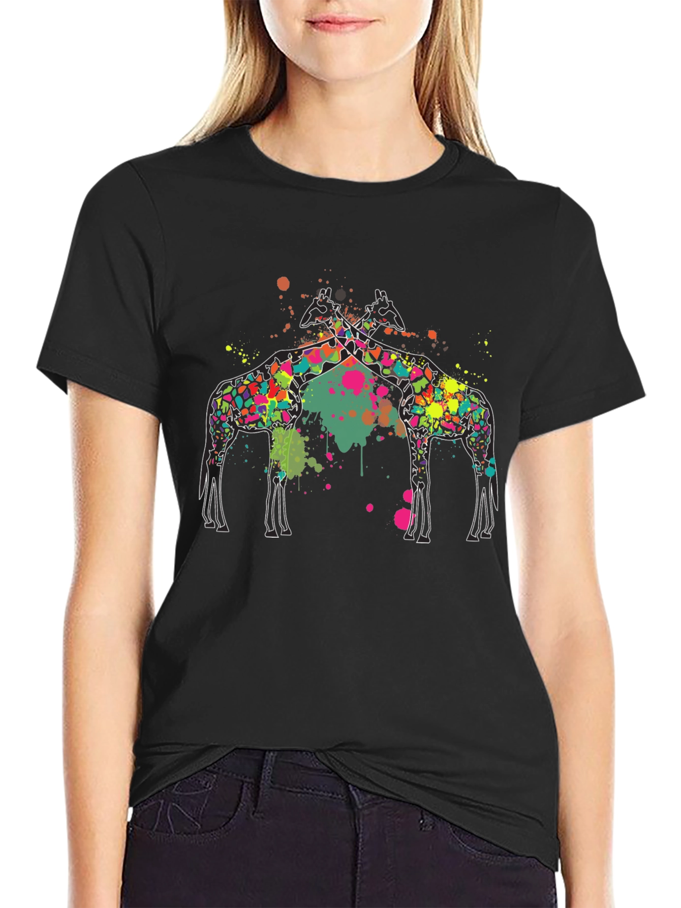 Giraffe Splatter Graphic Black Tee