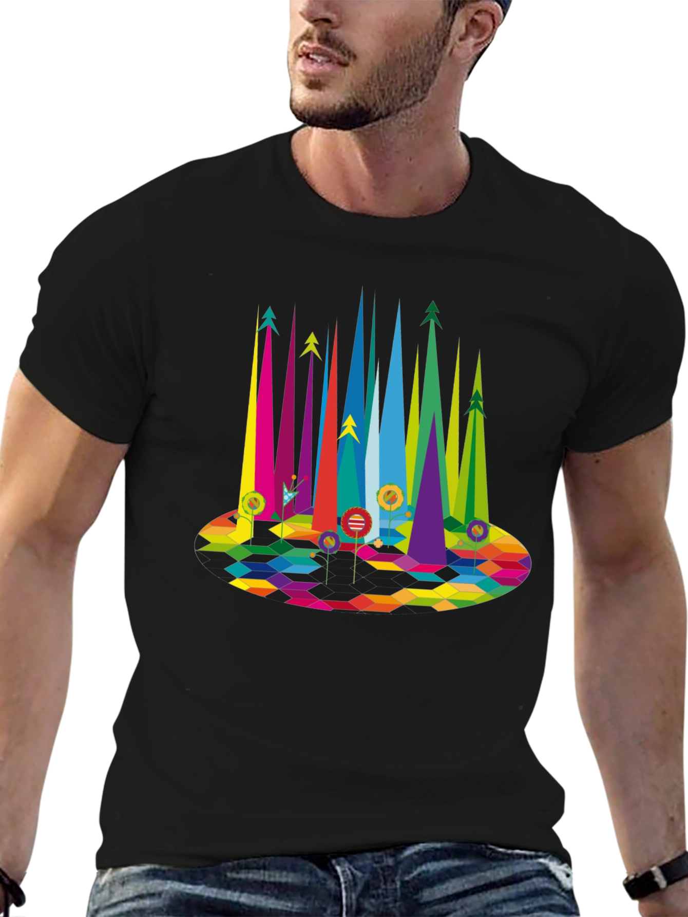 Geometric Rainbow Forest Black T-Shirt