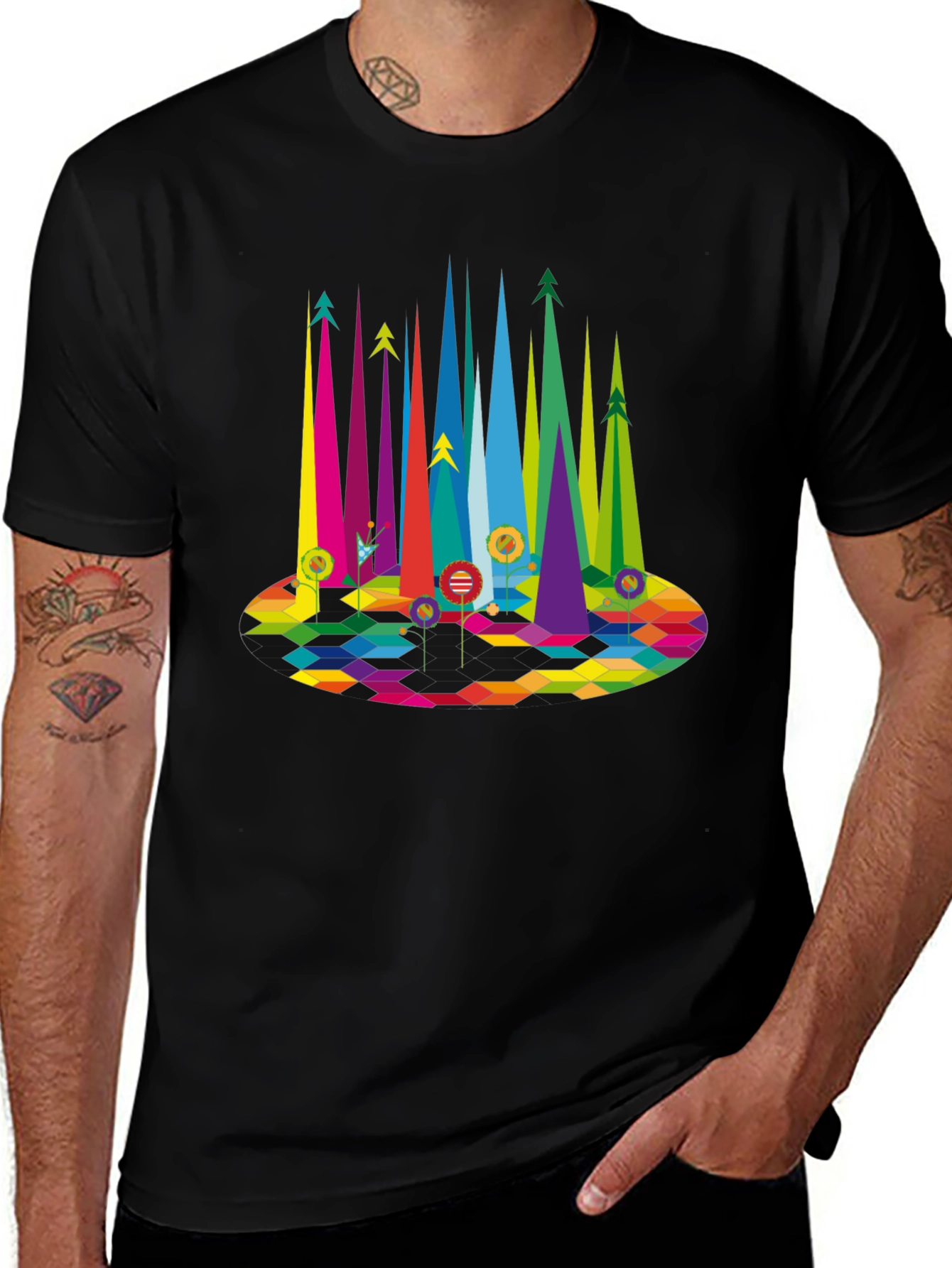 Geometric Rainbow Forest Black T-Shirt