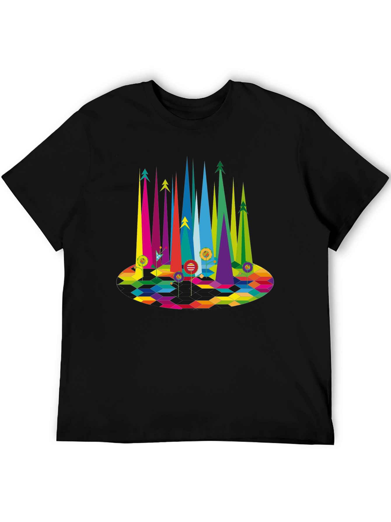 Geometric Rainbow Forest Black T-Shirt