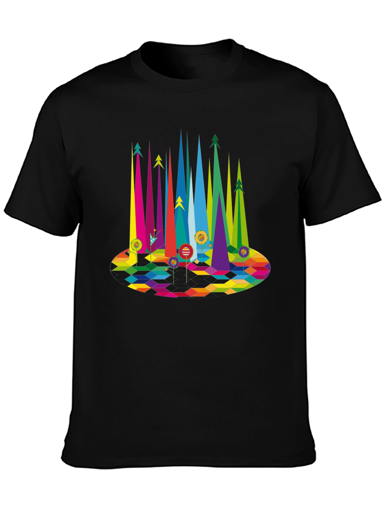Geometric Rainbow Forest Black T-Shirt