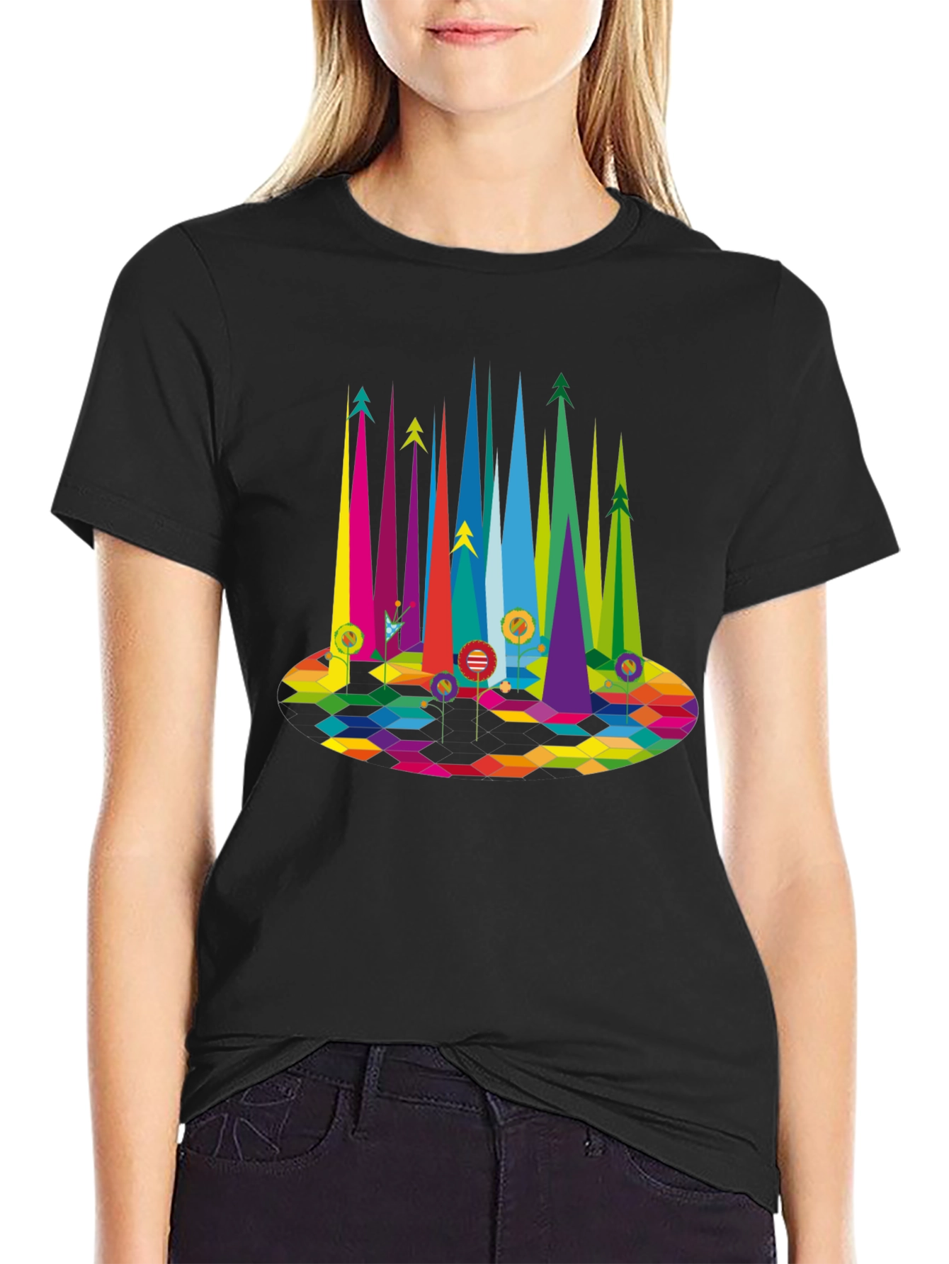 Geometric Rainbow Forest Black T-Shirt