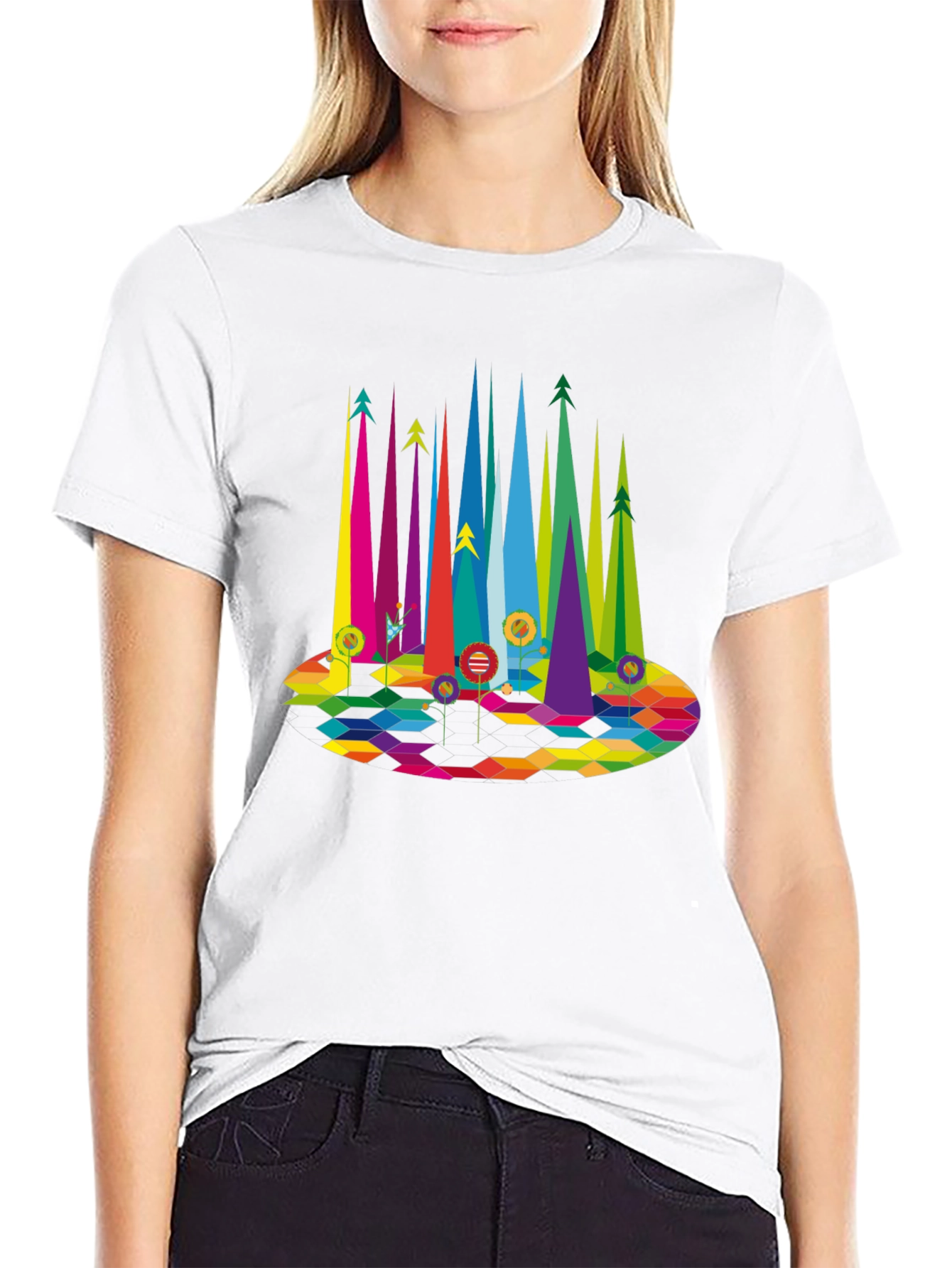 Geometric Rainbow Forest Black T-Shirt