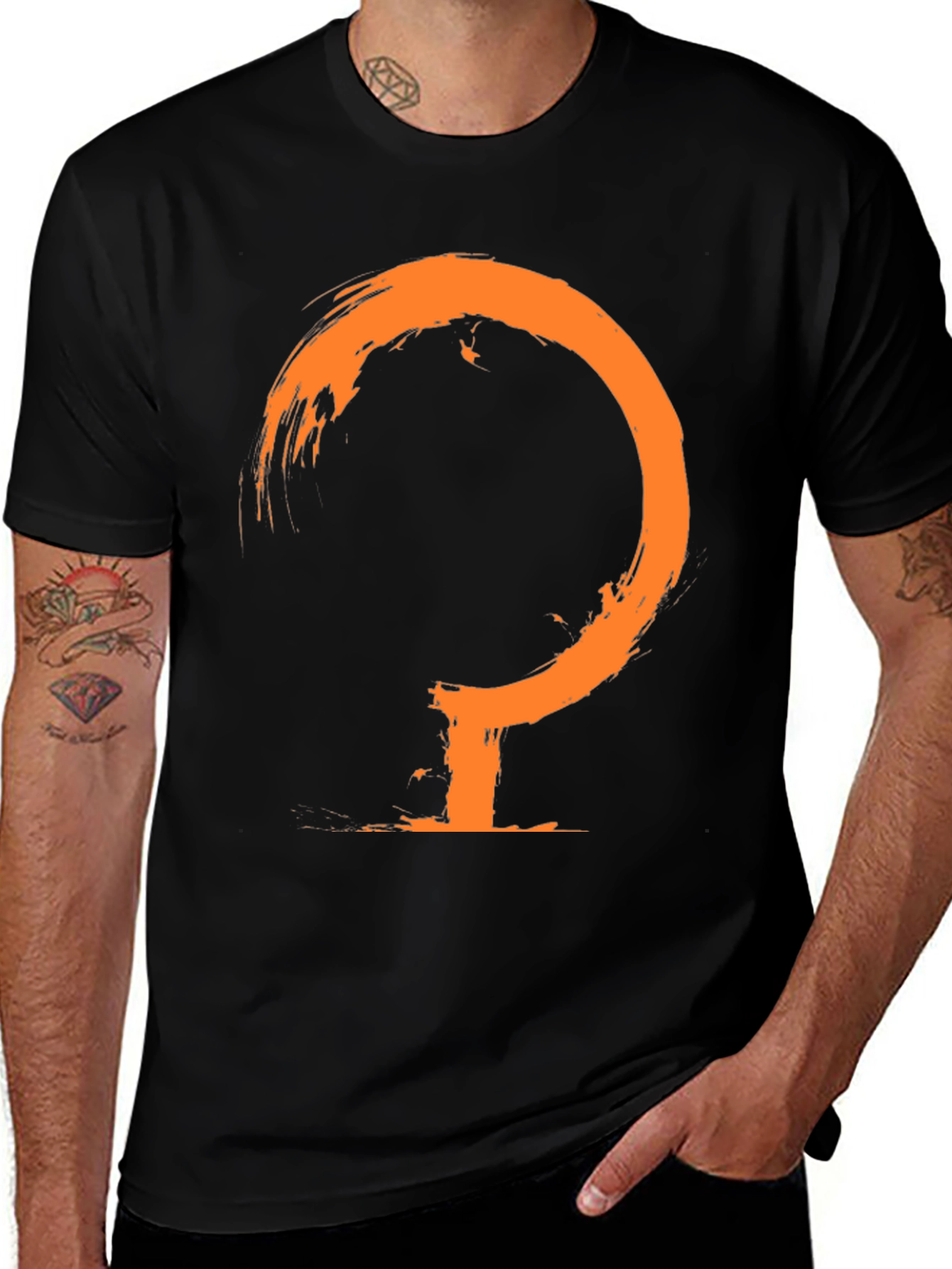 Mens Black T-Shirt with Abstract Orange Symbol