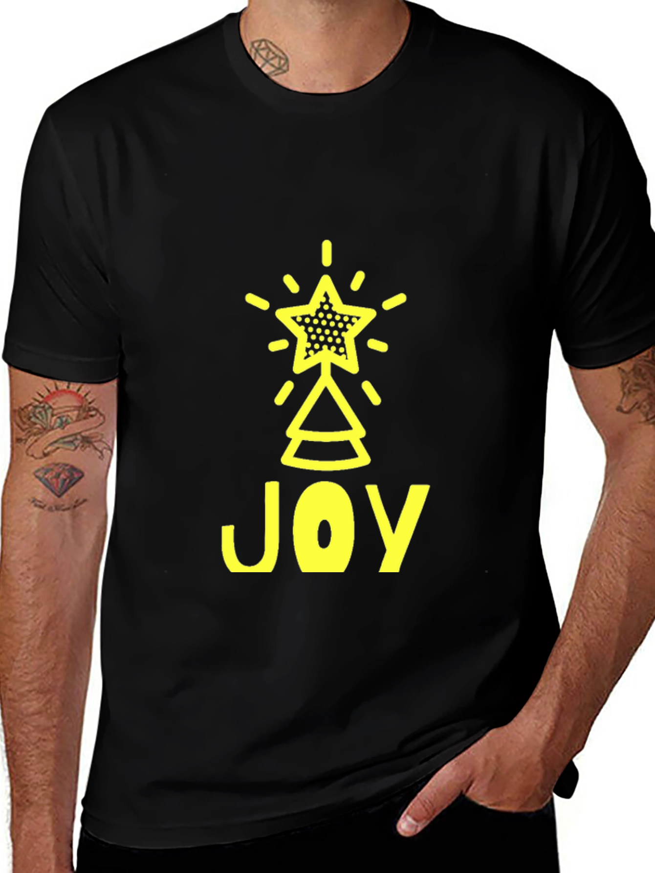 Joyful Christmas Tree Star Graphic Tee - Black
