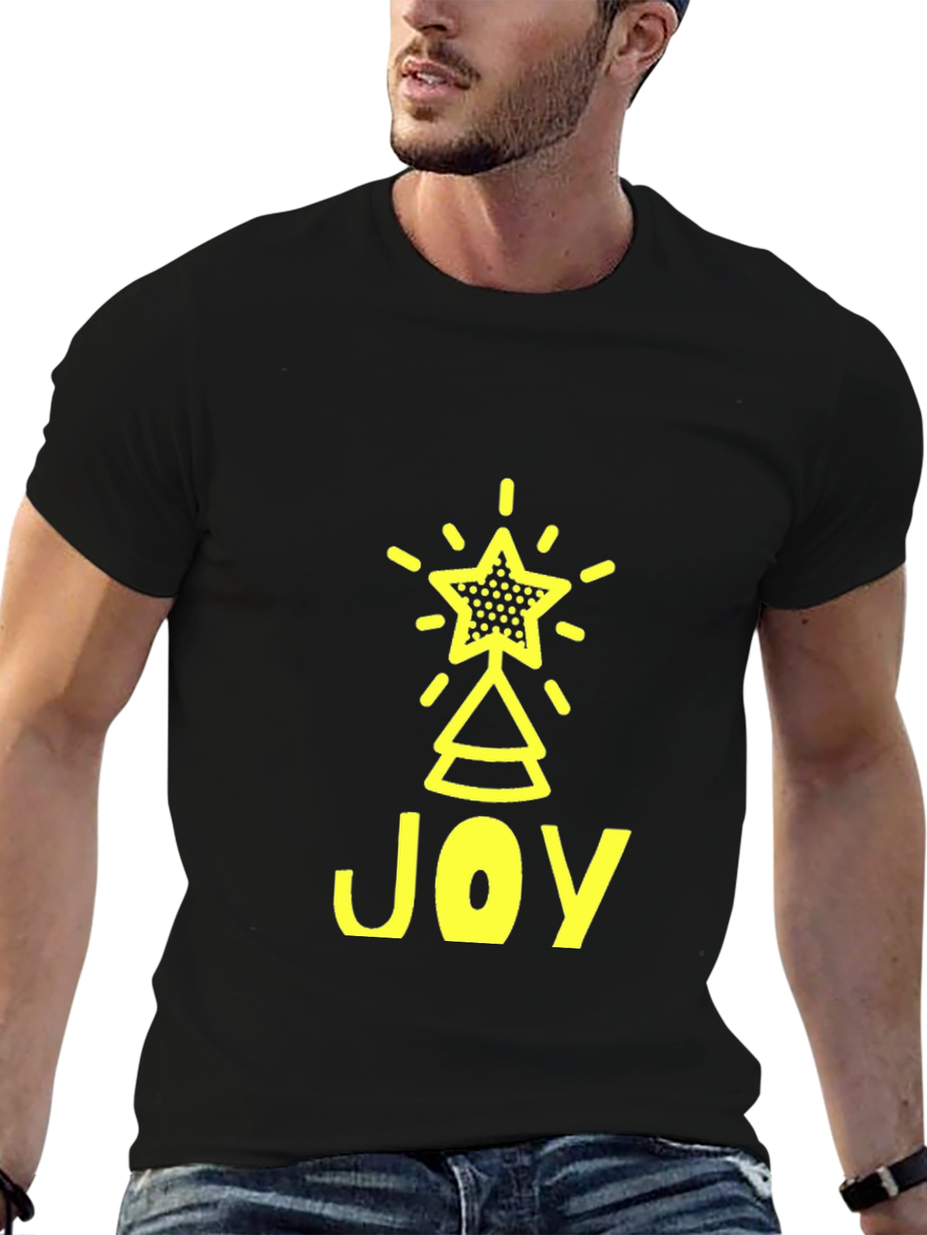 Joyful Christmas Tree Star Graphic Tee - Black
