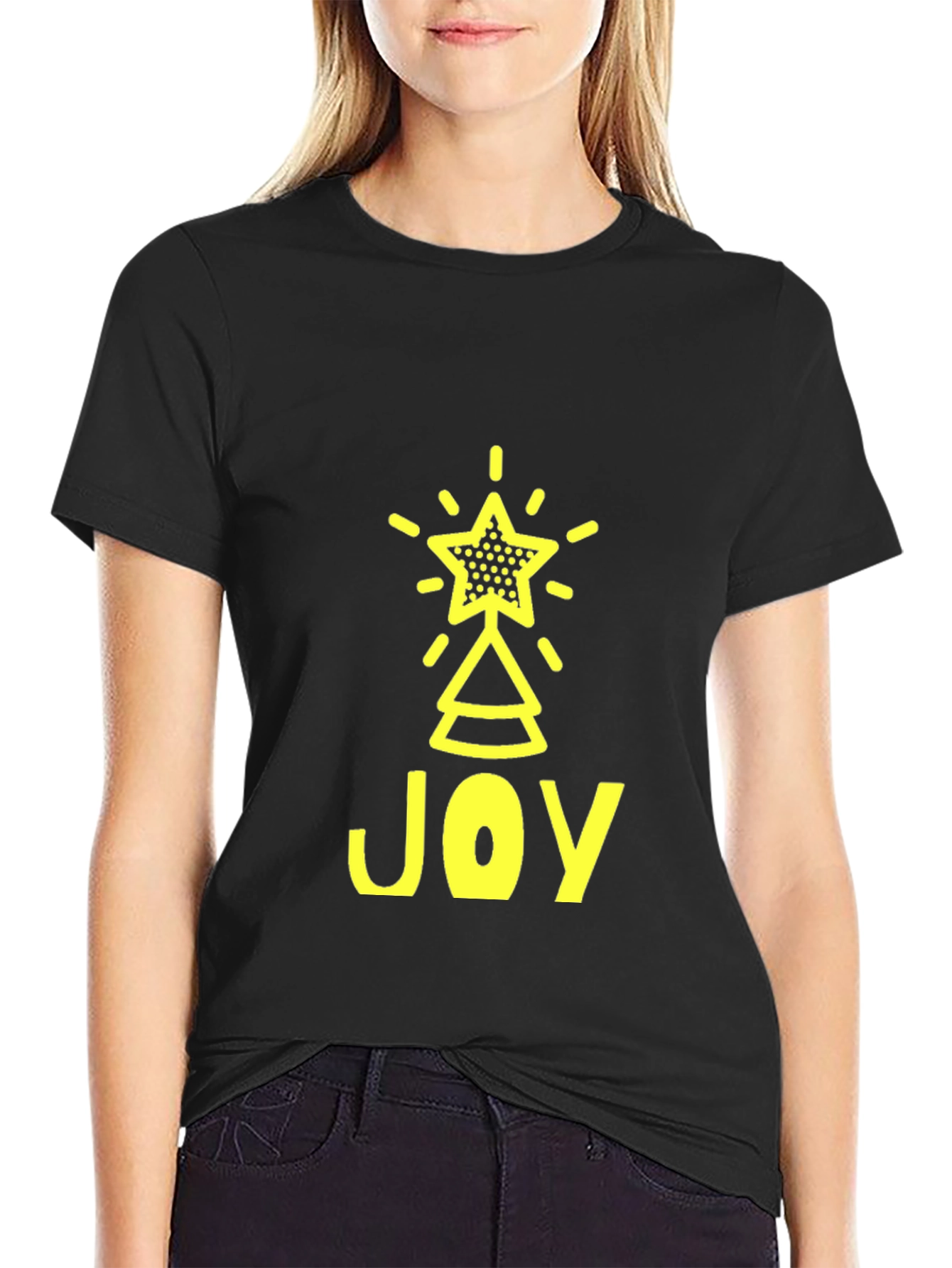 Joyful Christmas Tree Star Graphic Tee - Black