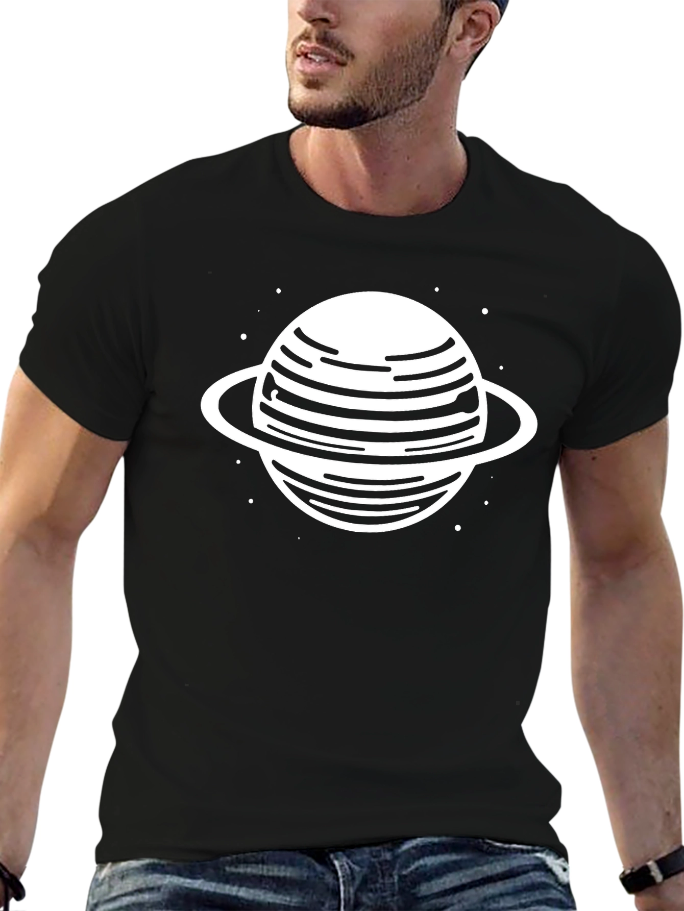 Saturn Graphic Tee - Trendy Black Cotton Blend T-Shirt