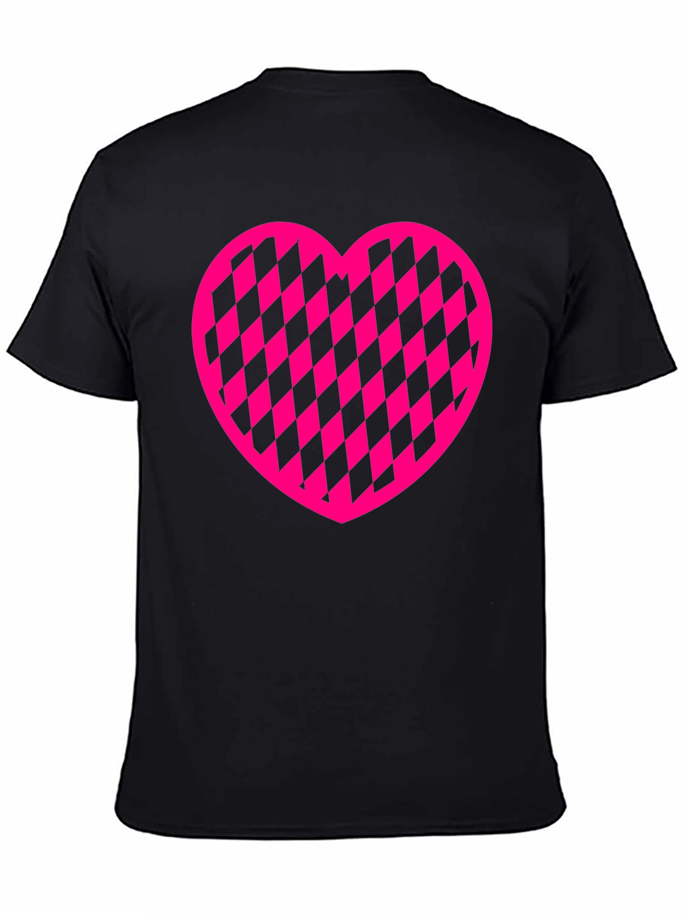 Pink Checkered Heart Graphic Black T-Shirt
