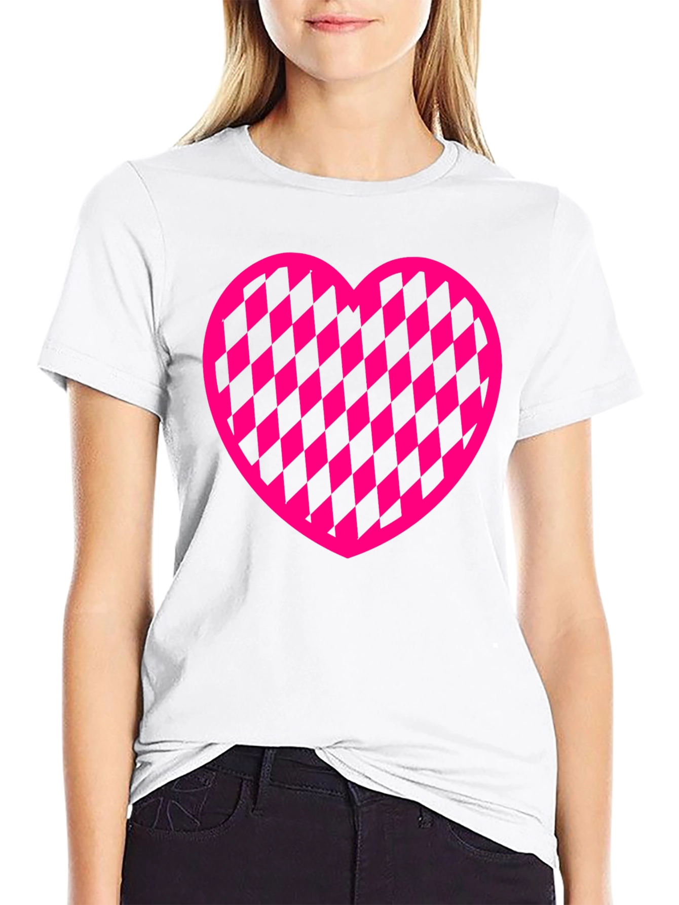 Pink Checkered Heart Graphic Black T-Shirt