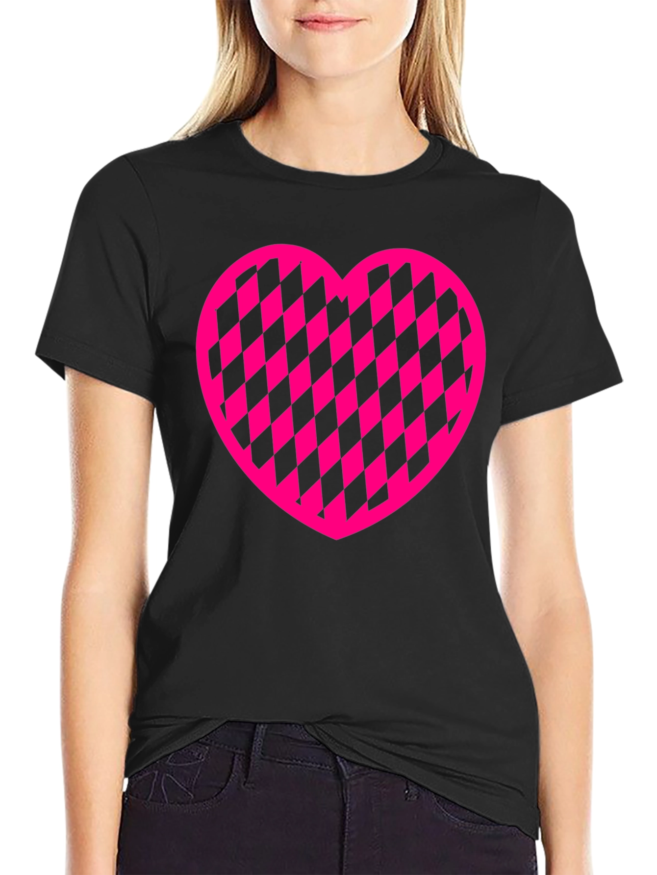 Pink Checkered Heart Graphic Black T-Shirt