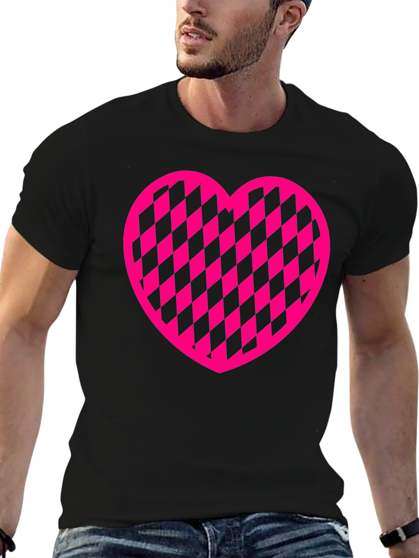 Pink Checkered Heart Graphic Black T-Shirt