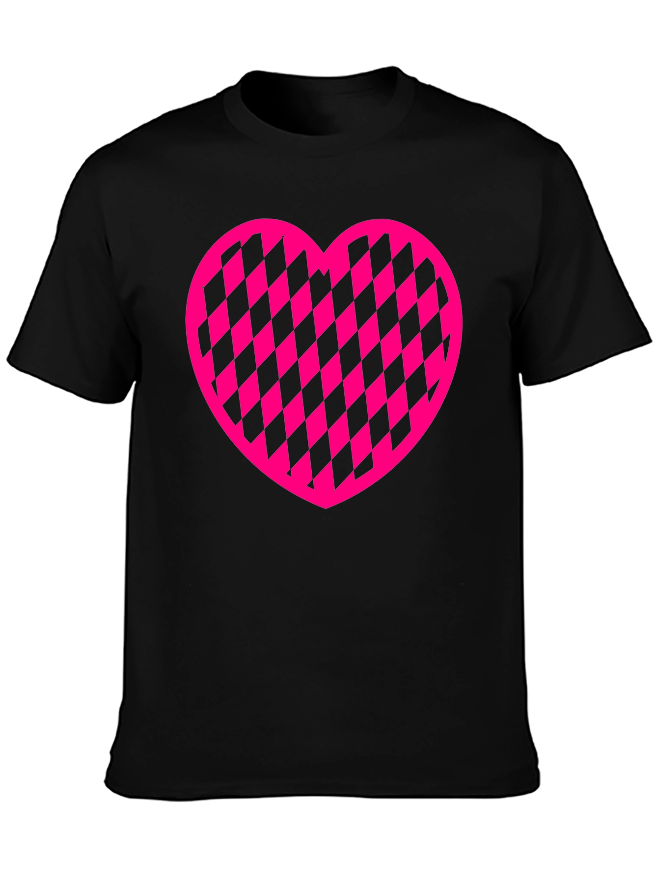 Pink Checkered Heart Graphic Black T-Shirt