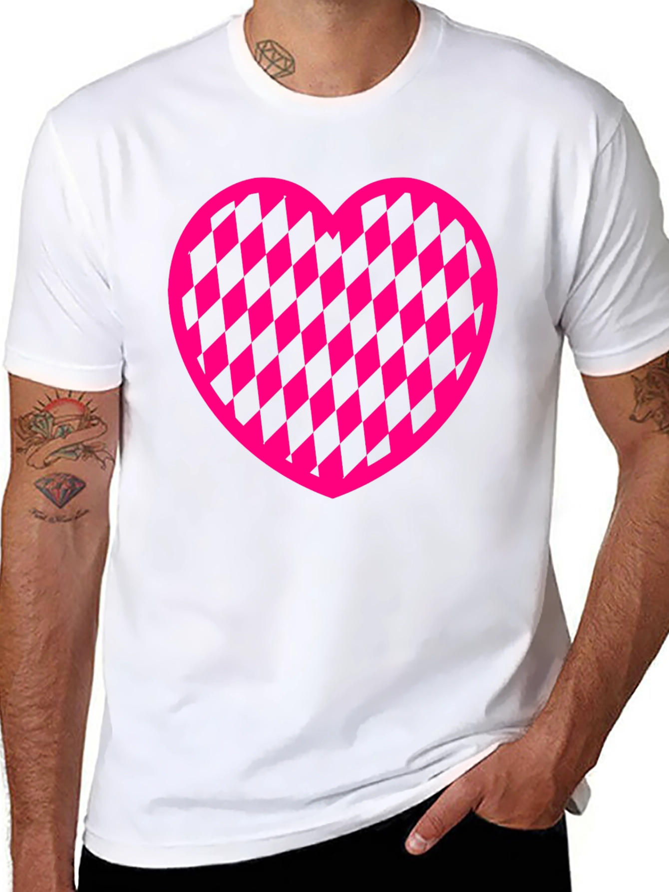 Pink Checkered Heart Graphic Black T-Shirt