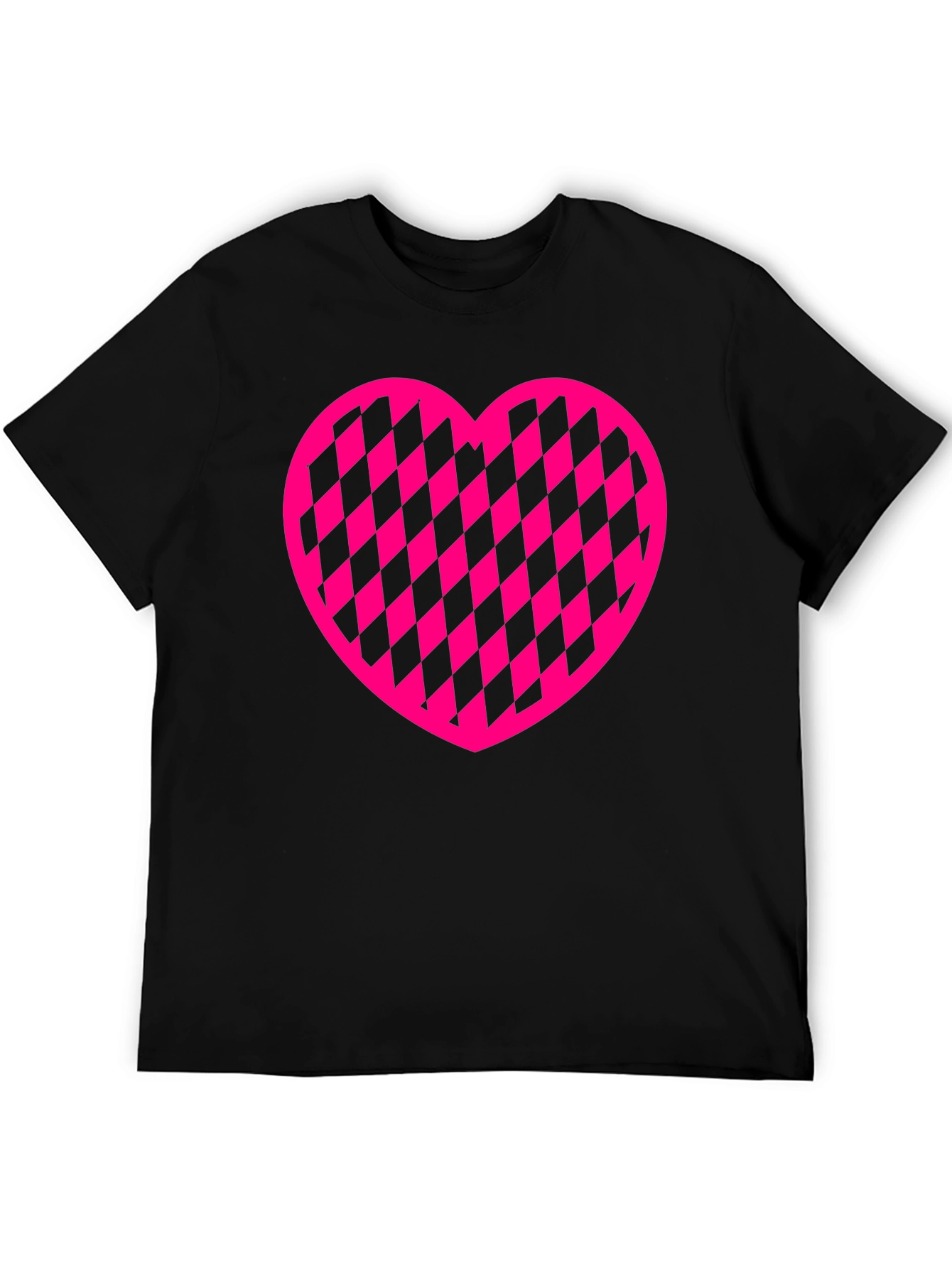 Pink Checkered Heart Graphic Black T-Shirt
