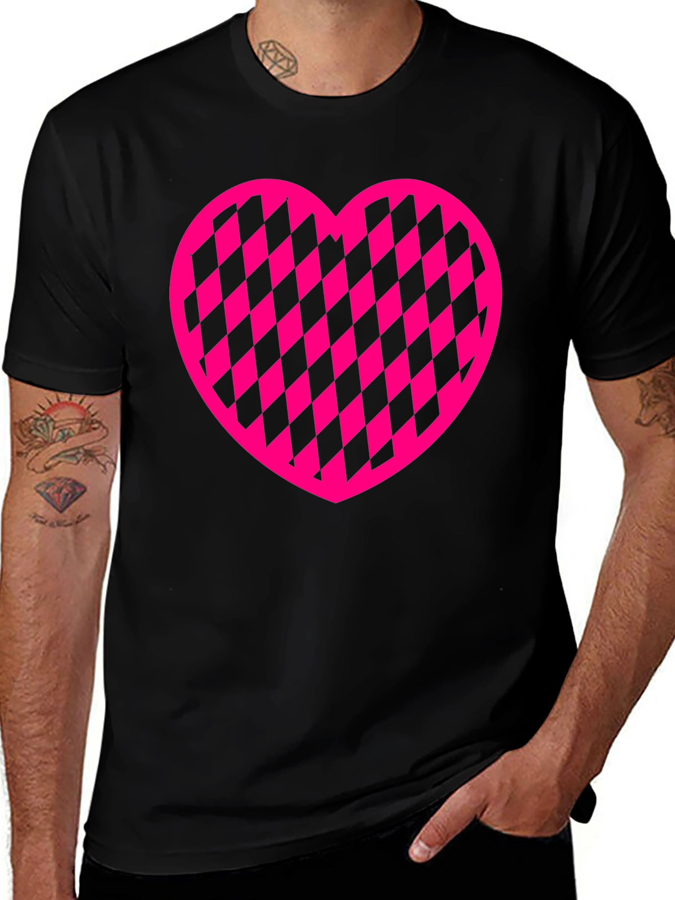 Pink Checkered Heart Graphic Black T-Shirt