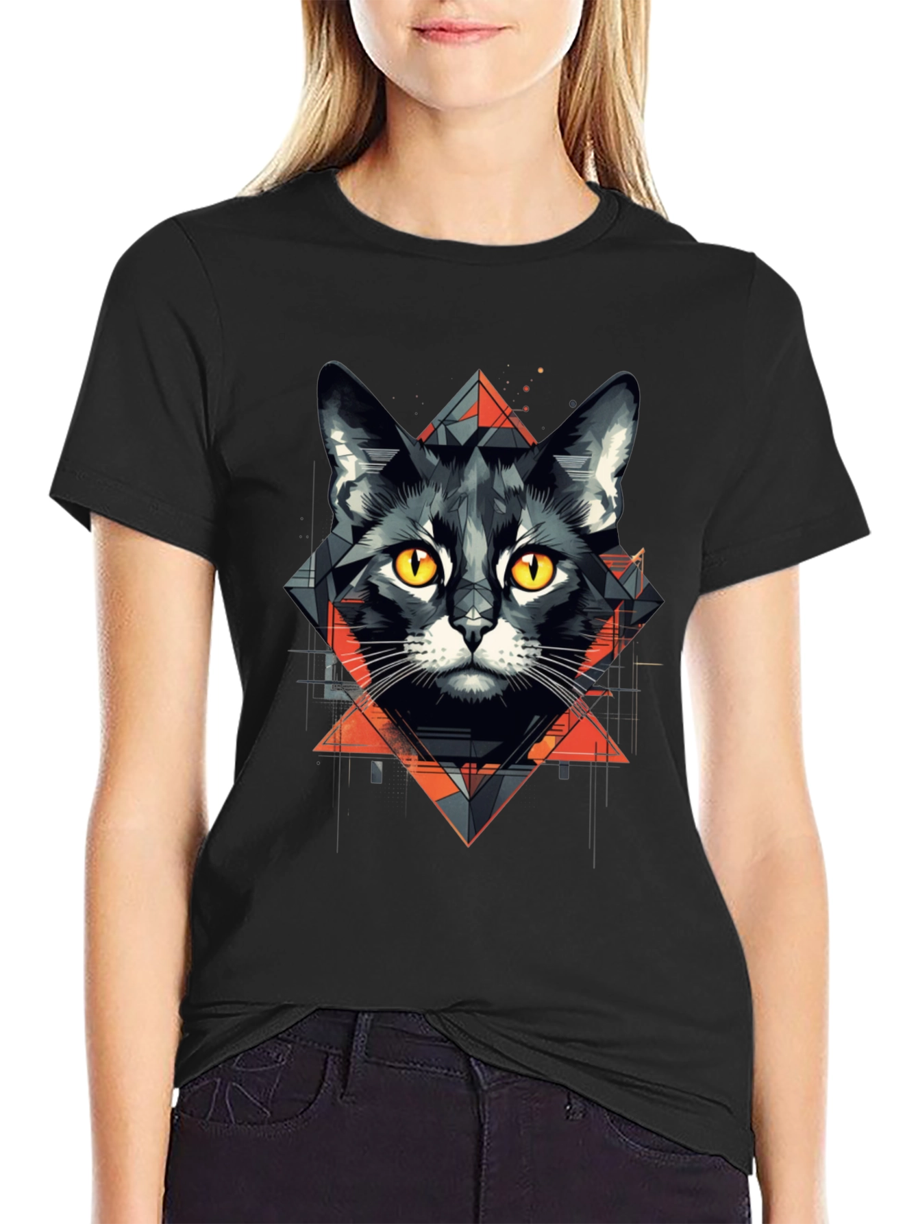 Geometric Cat Graphic Tee - Stylish Black T-Shirt