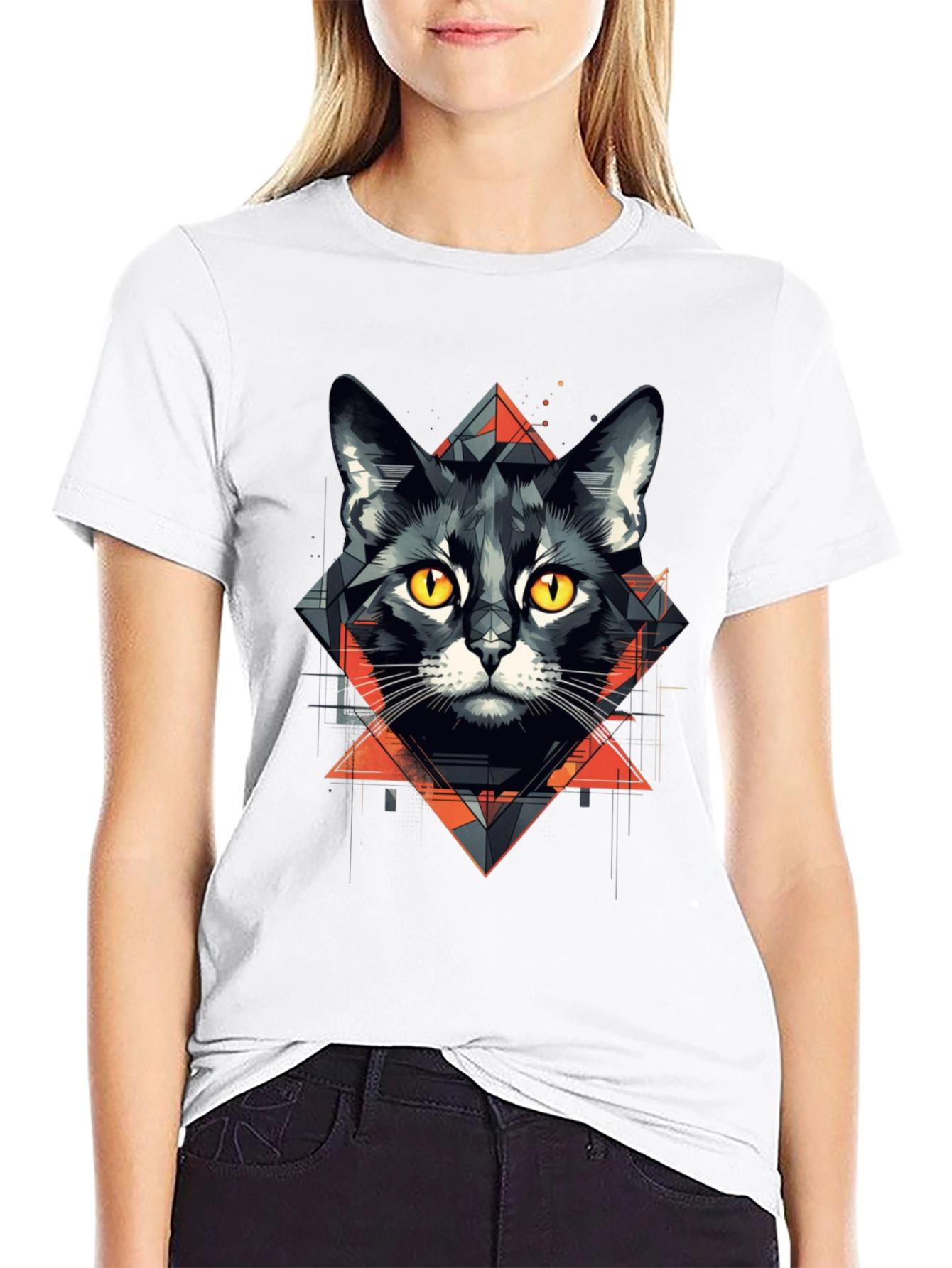Geometric Cat Graphic Tee - Stylish Black T-Shirt