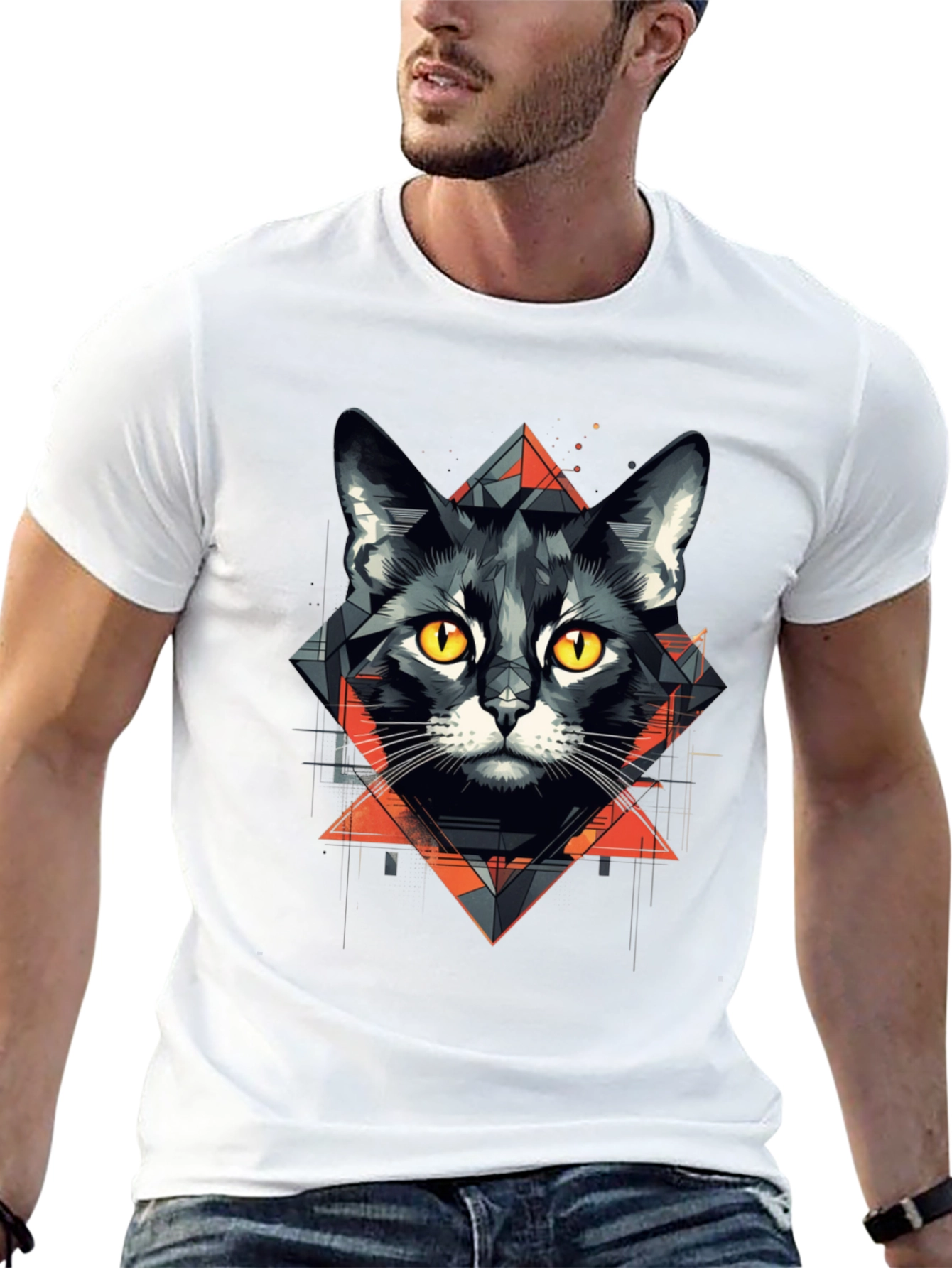 Geometric Cat Graphic Tee - Stylish Black T-Shirt
