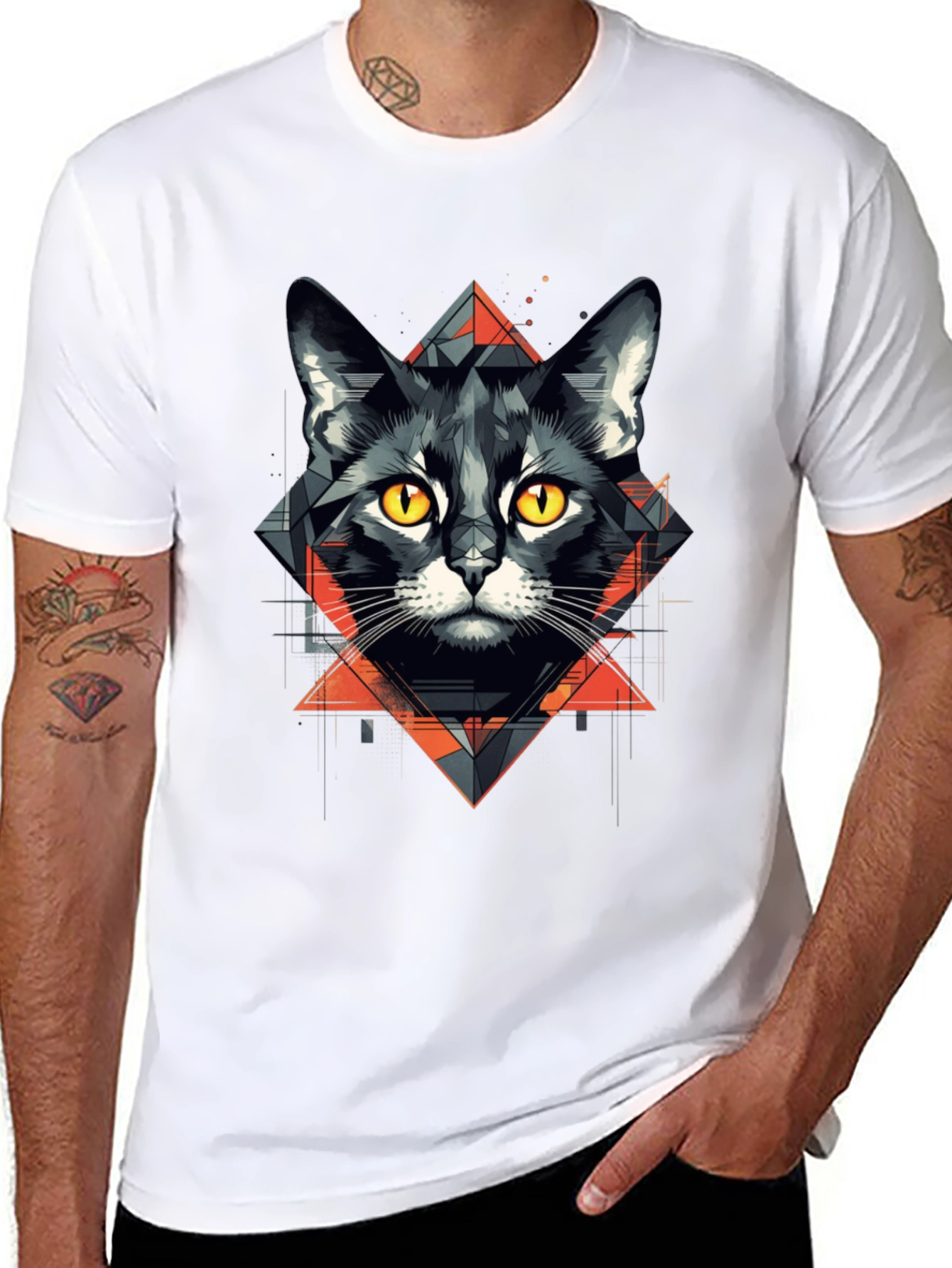 Geometric Cat Graphic Tee - Stylish Black T-Shirt