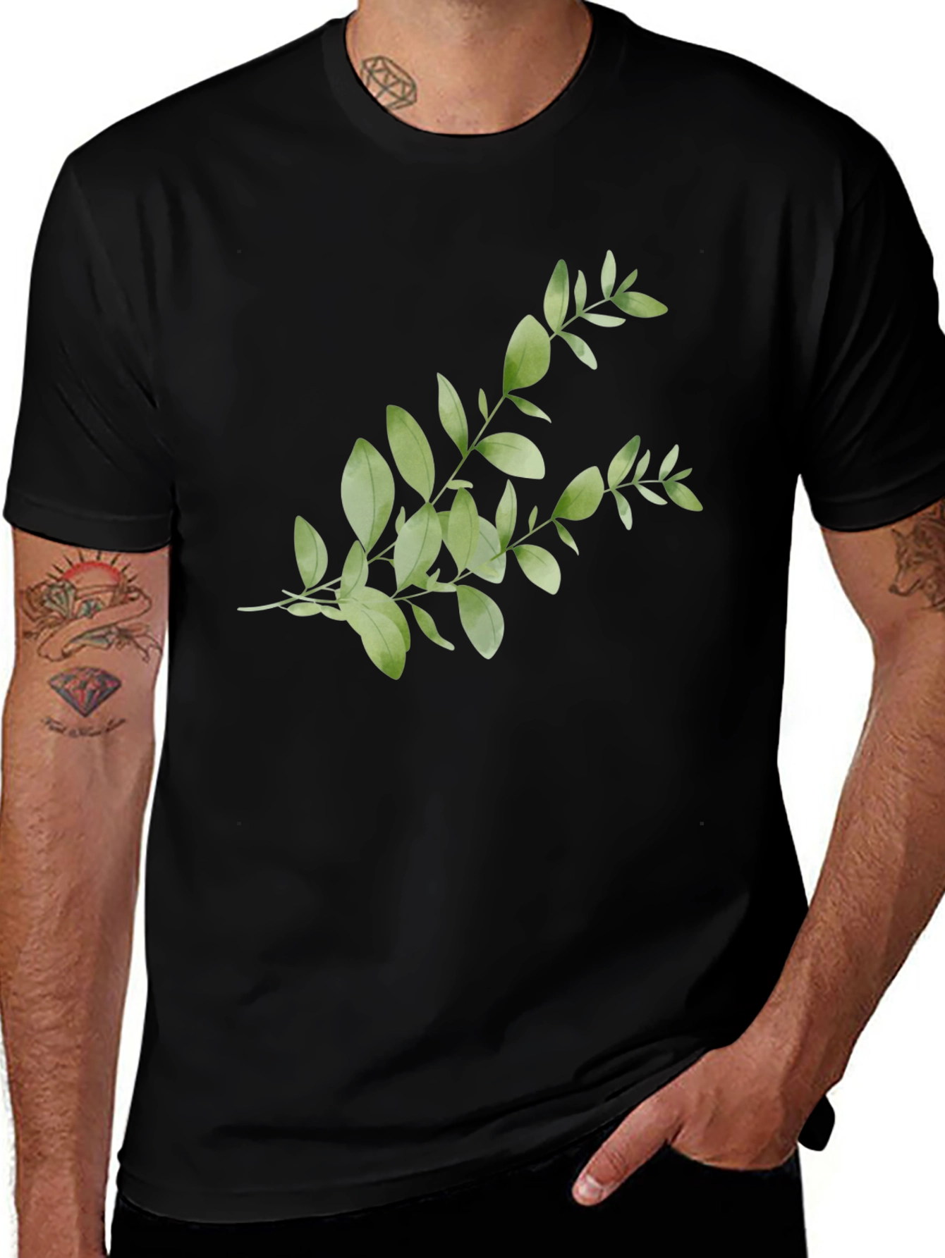Botanical Print Tee - Black Casual Cotton Shirt