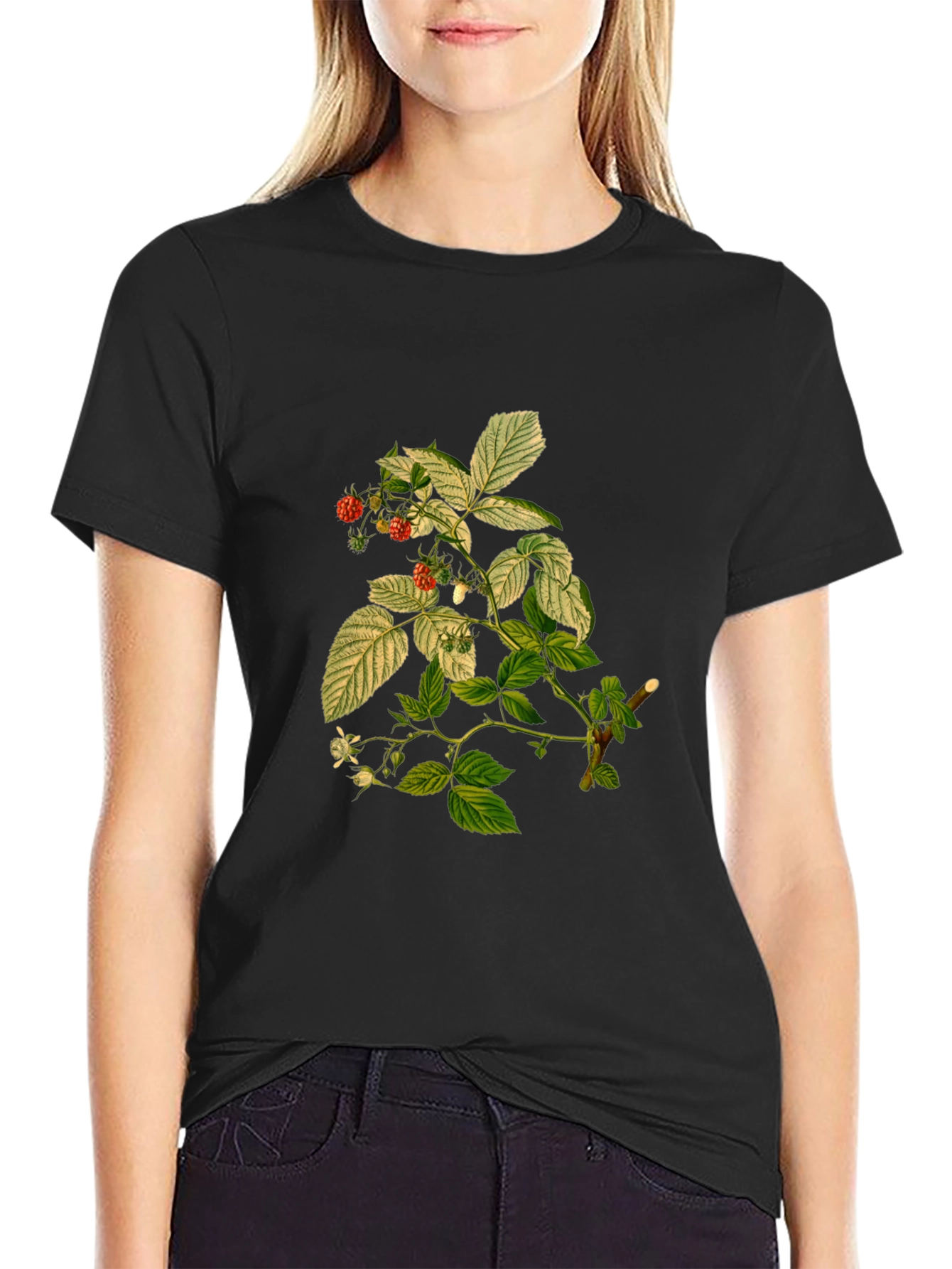 Botanical Berry Print Black T-Shirt