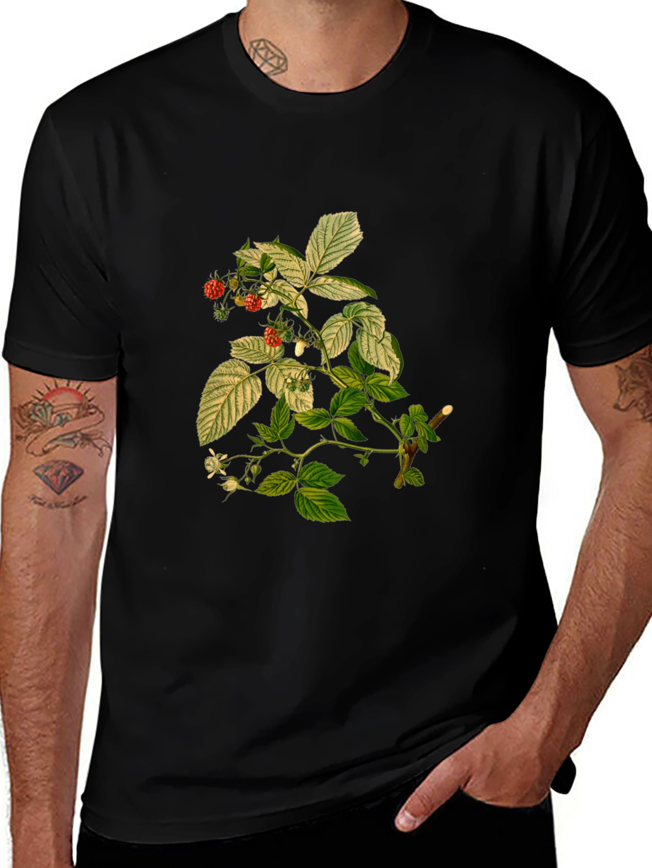 Botanical Berry Print Black T-Shirt