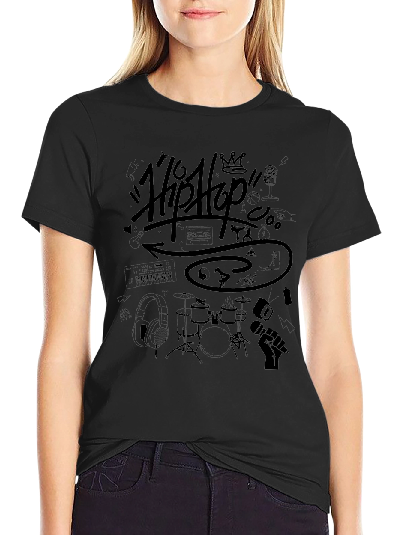 Hip Hop Graphic Print T-Shirt - Black