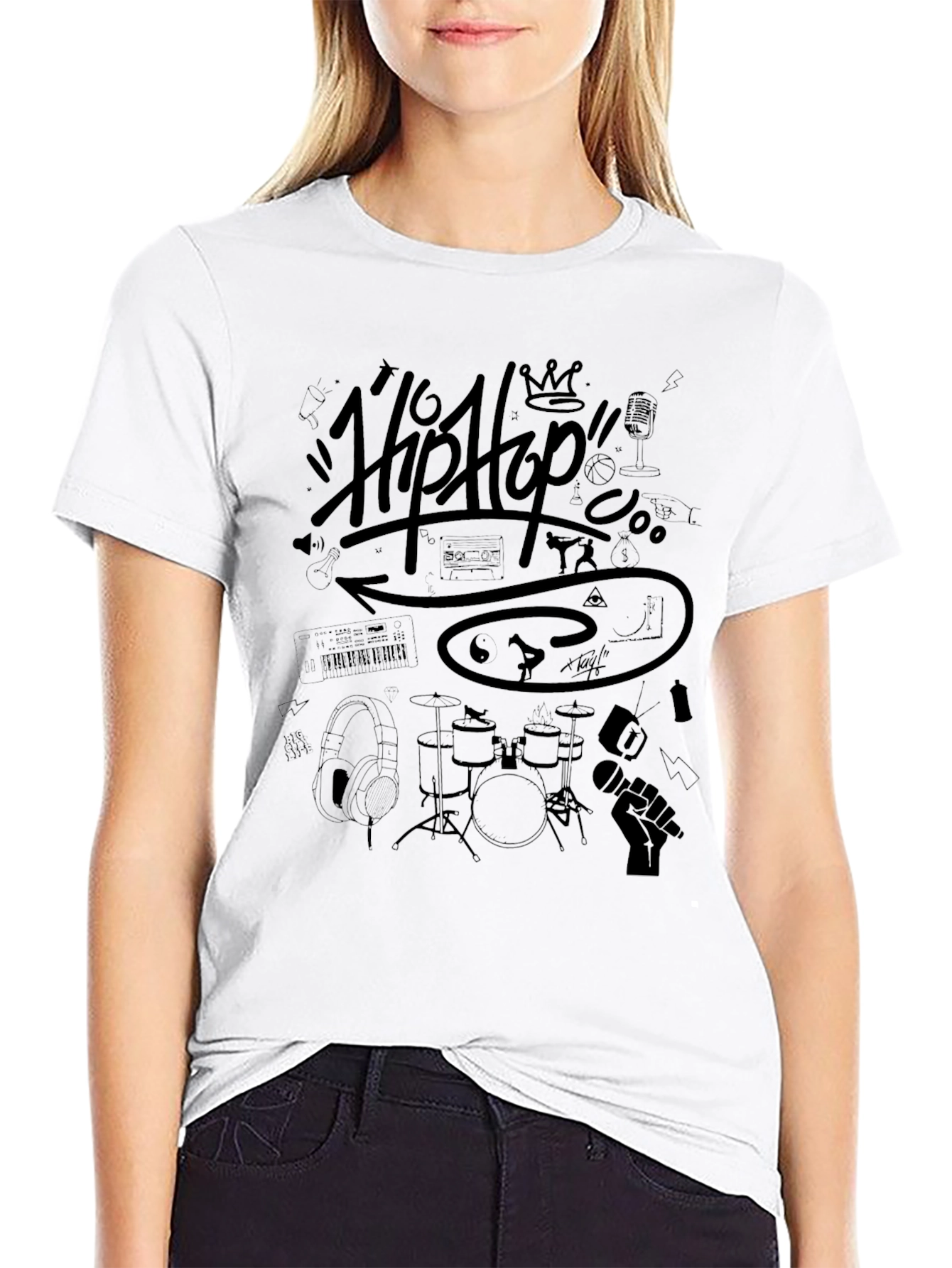 Hip Hop Graphic Print T-Shirt - Black