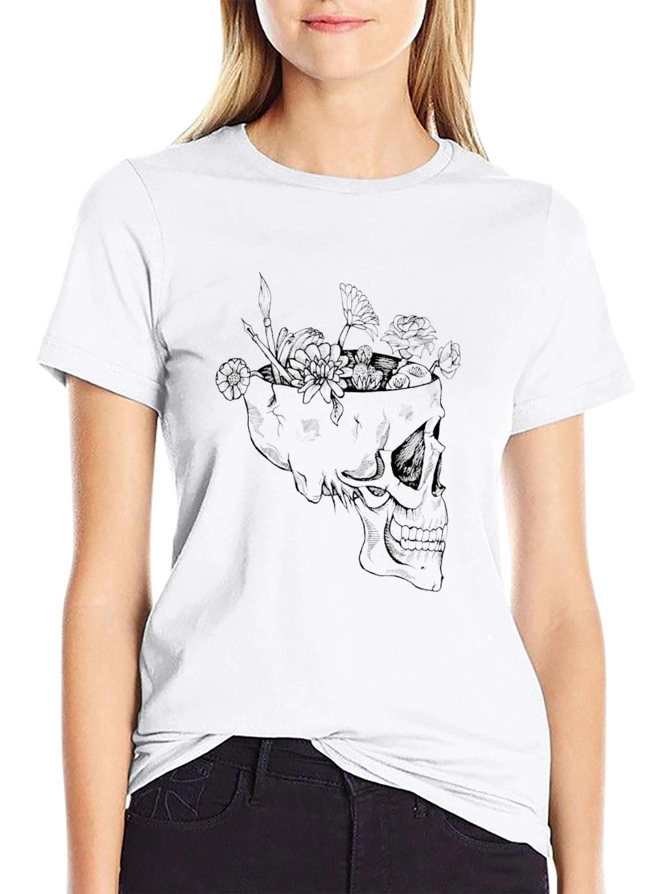 Skull and Flowers Graphic T-Shirt - Stylish Mens Tee