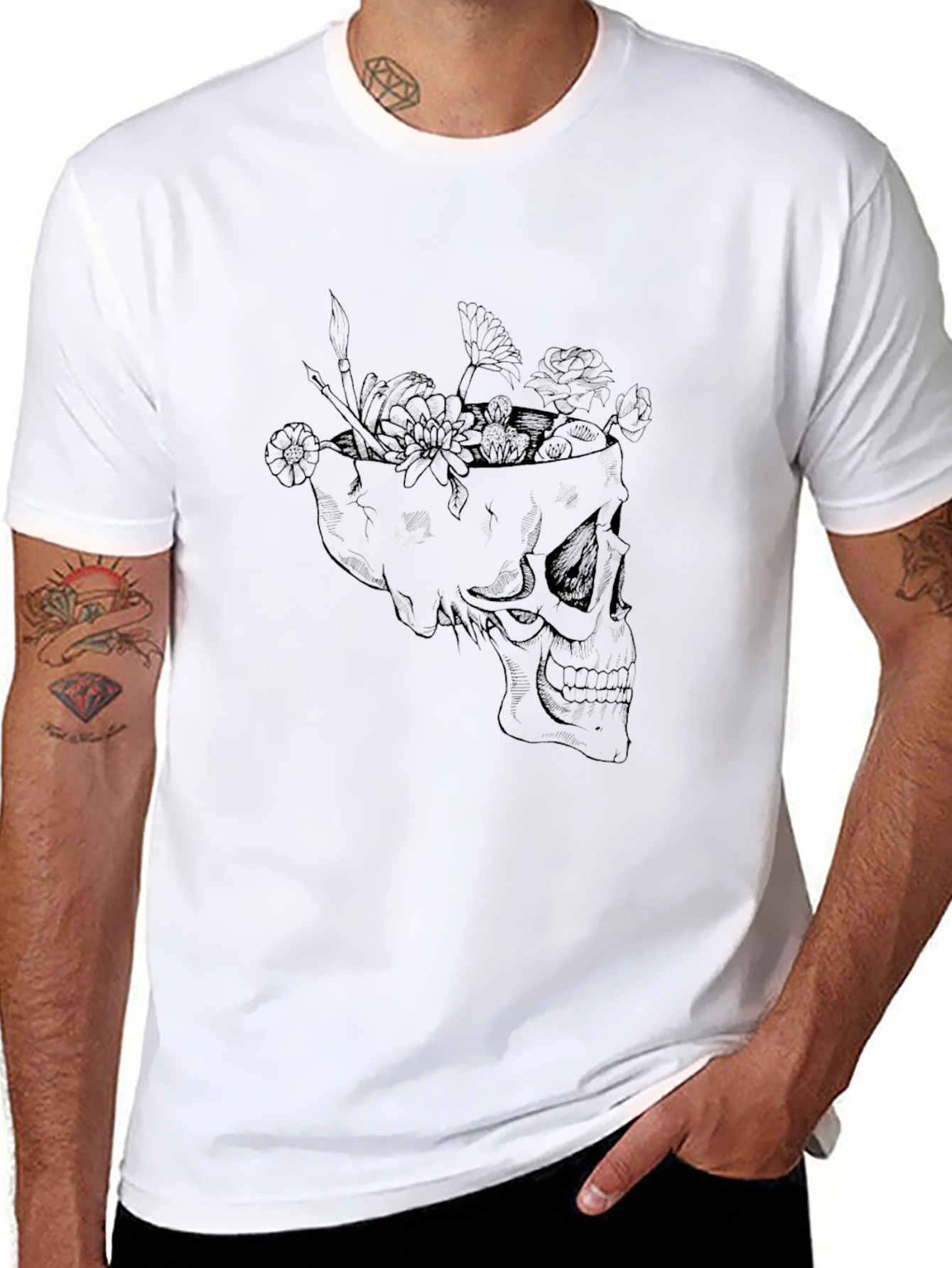 Skull and Flowers Graphic T-Shirt - Stylish Mens Tee