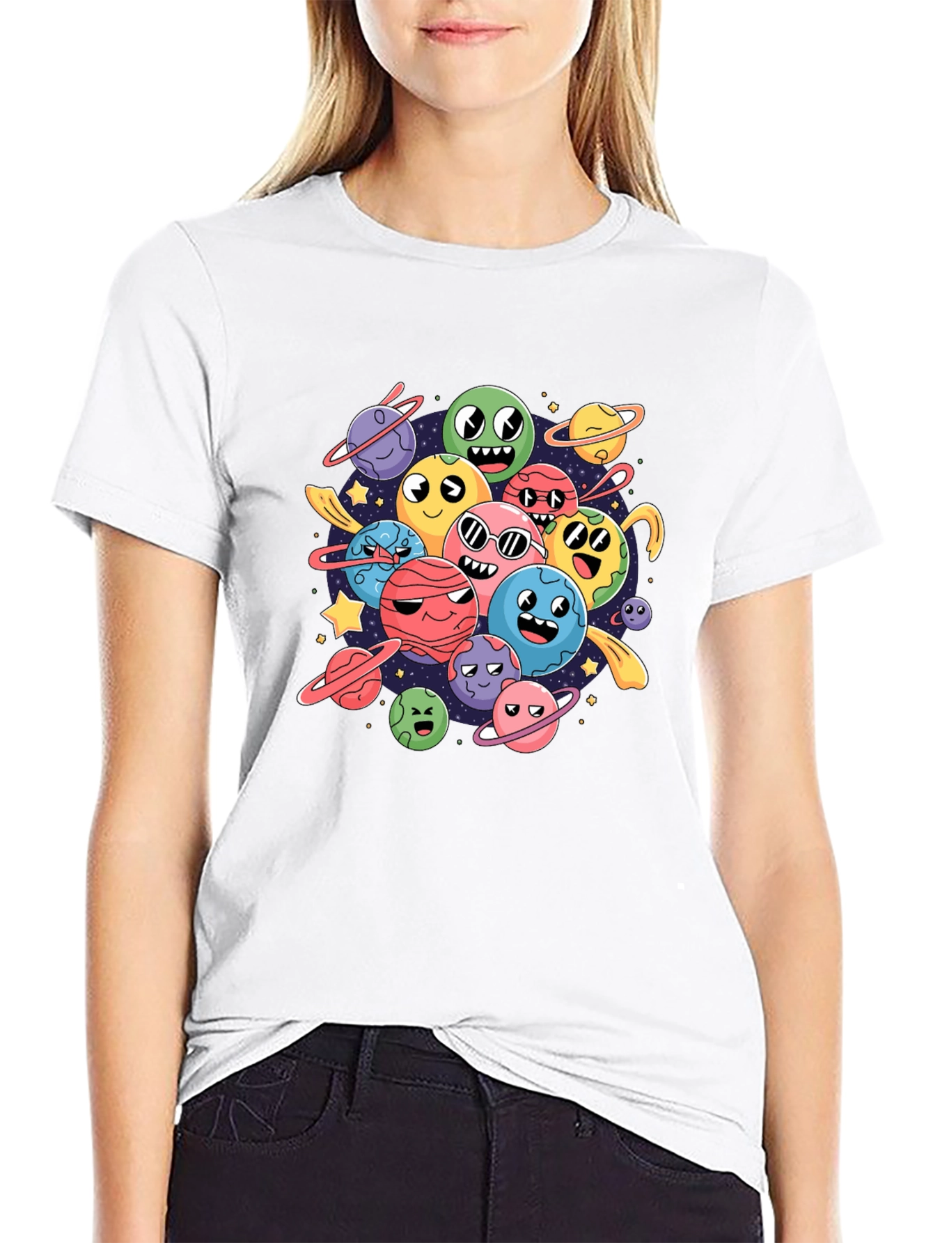 Cartoon Planet Print Black Graphic Tee
