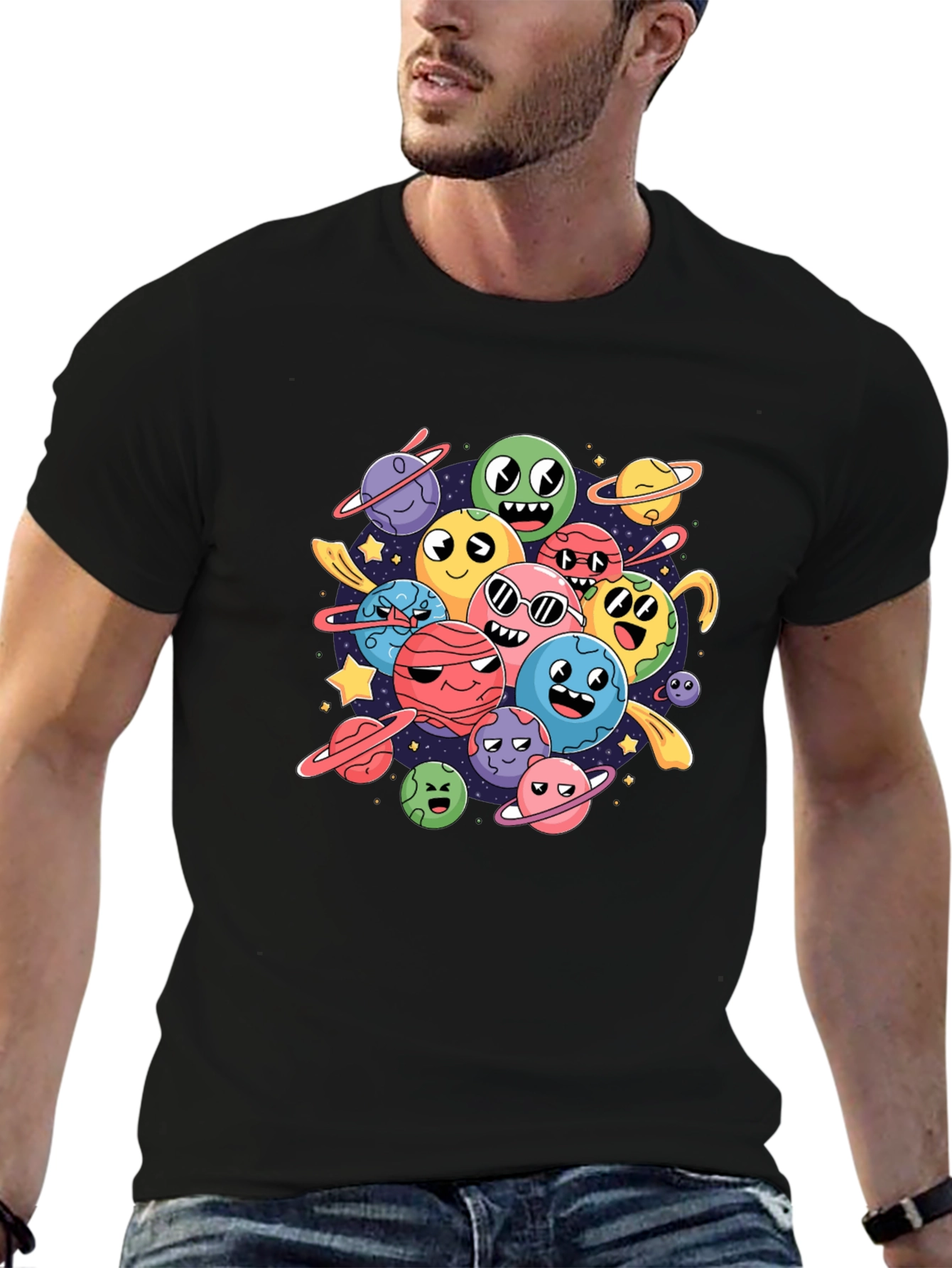 Cartoon Planet Print Black Graphic Tee
