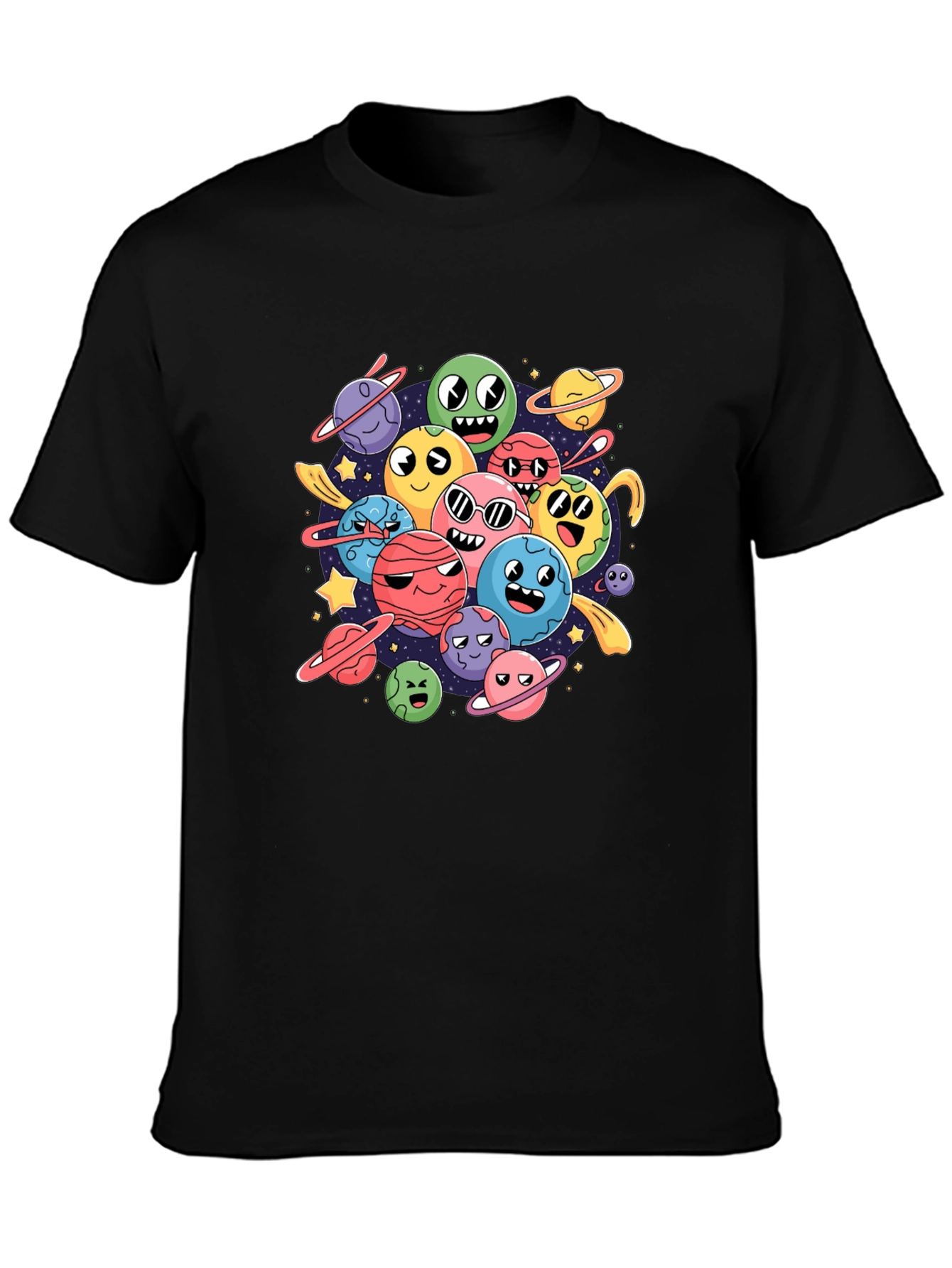 Cartoon Planet Print Black Graphic Tee