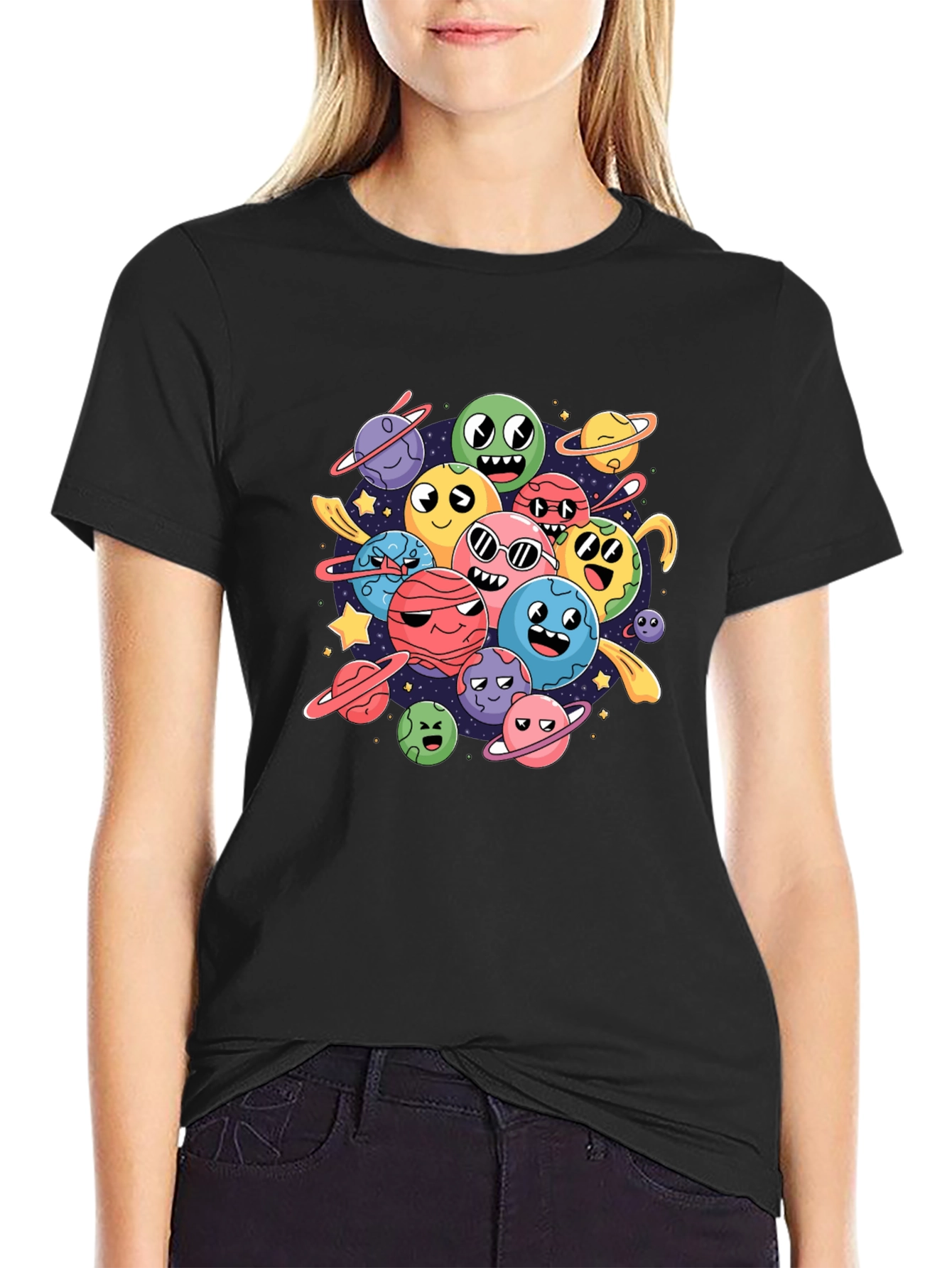 Cartoon Planet Print Black Graphic Tee