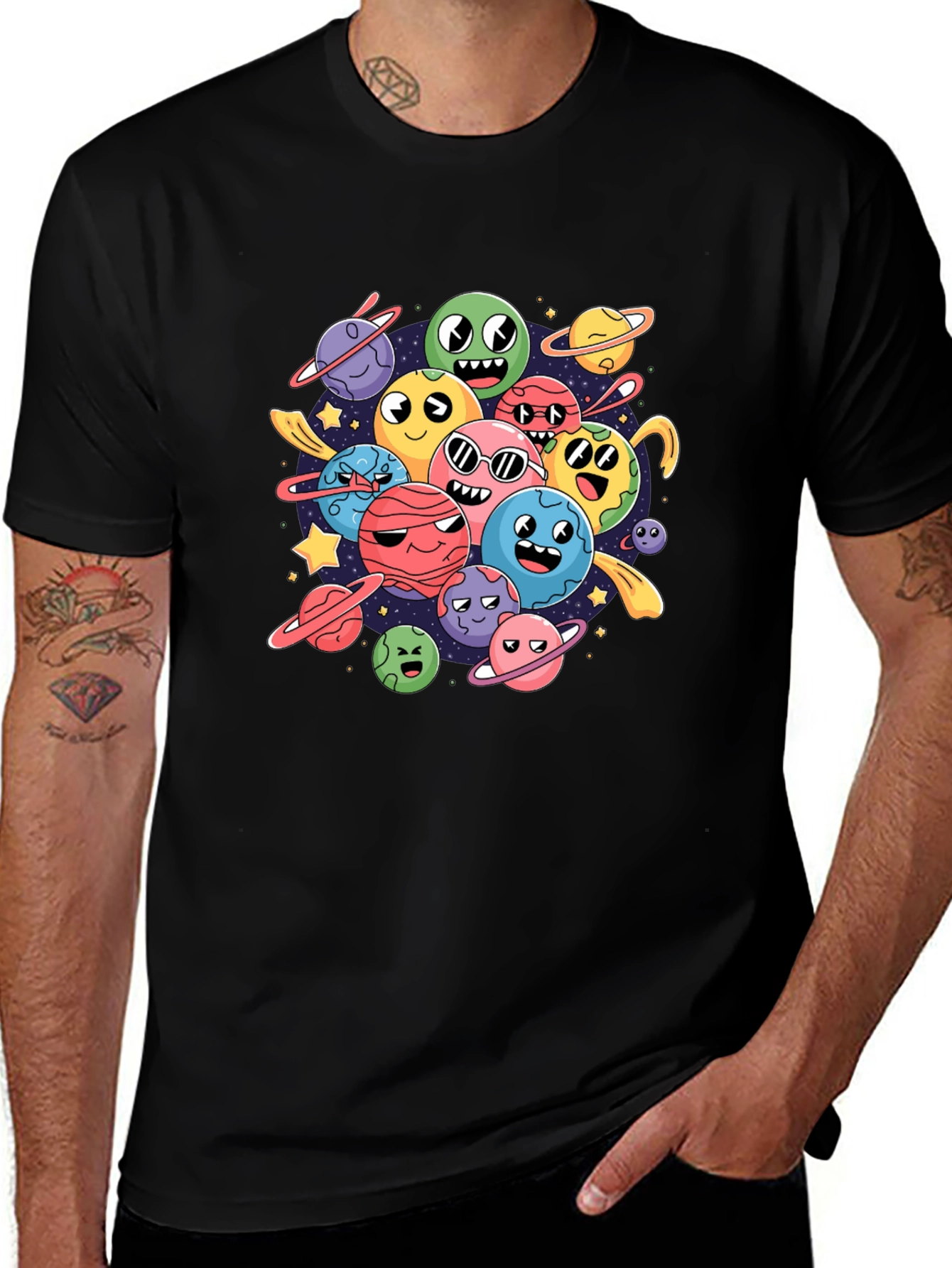Cartoon Planet Print Black Graphic Tee