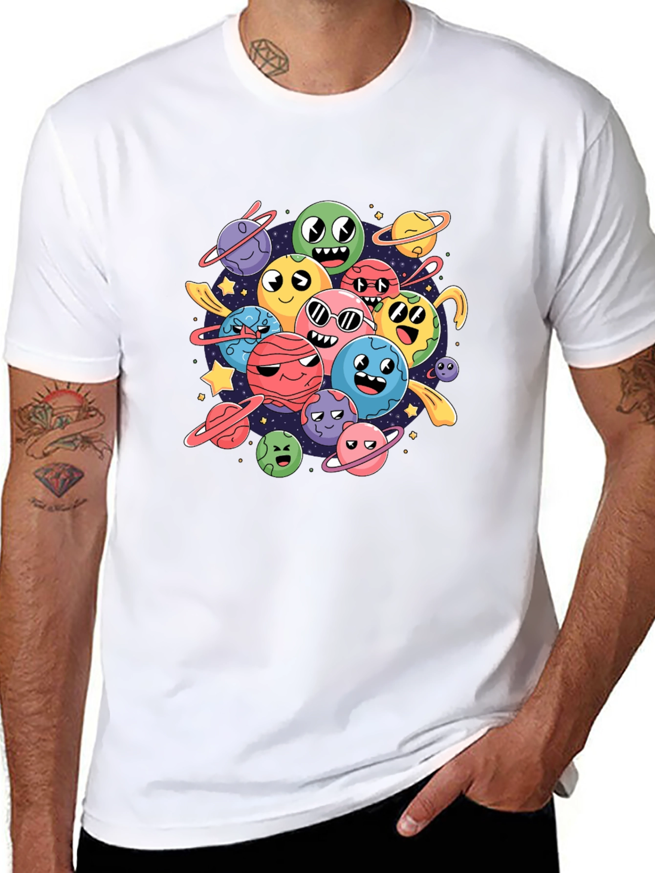 Cartoon Planet Print Black Graphic Tee