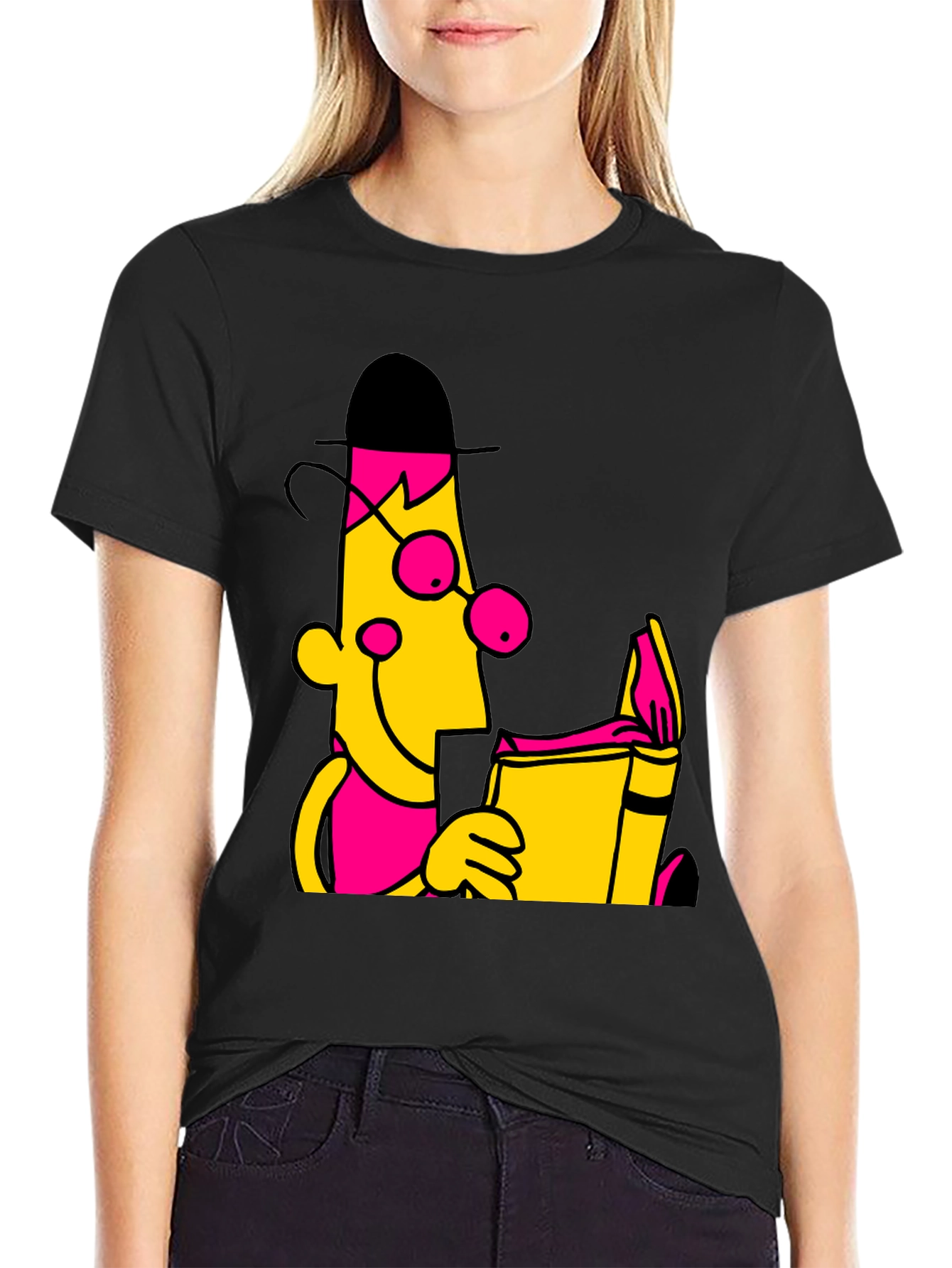 Cartoon Bookworm Graphic Tee - Black