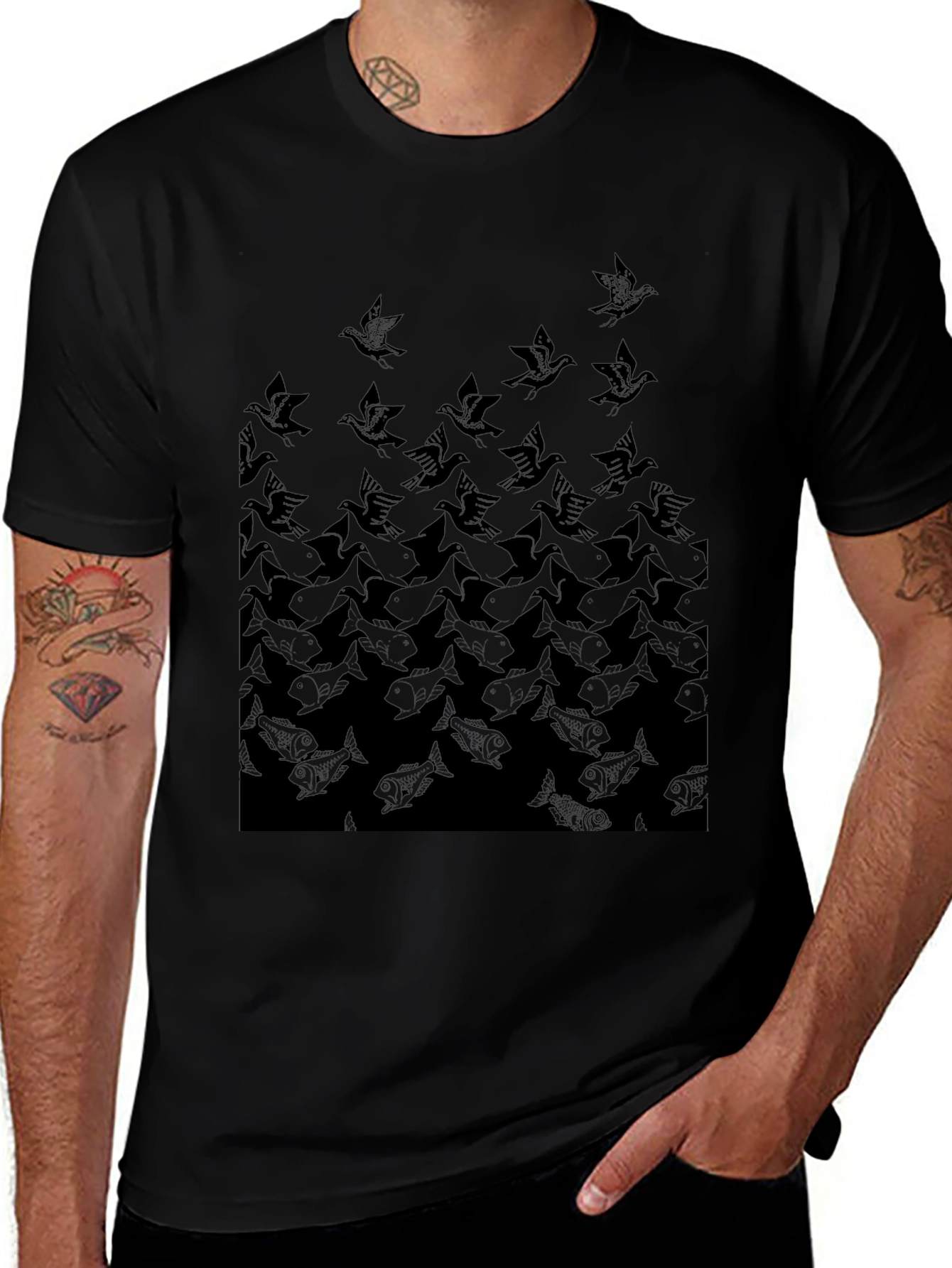 Escher-Inspired Bird & Fish Graphic Tee
