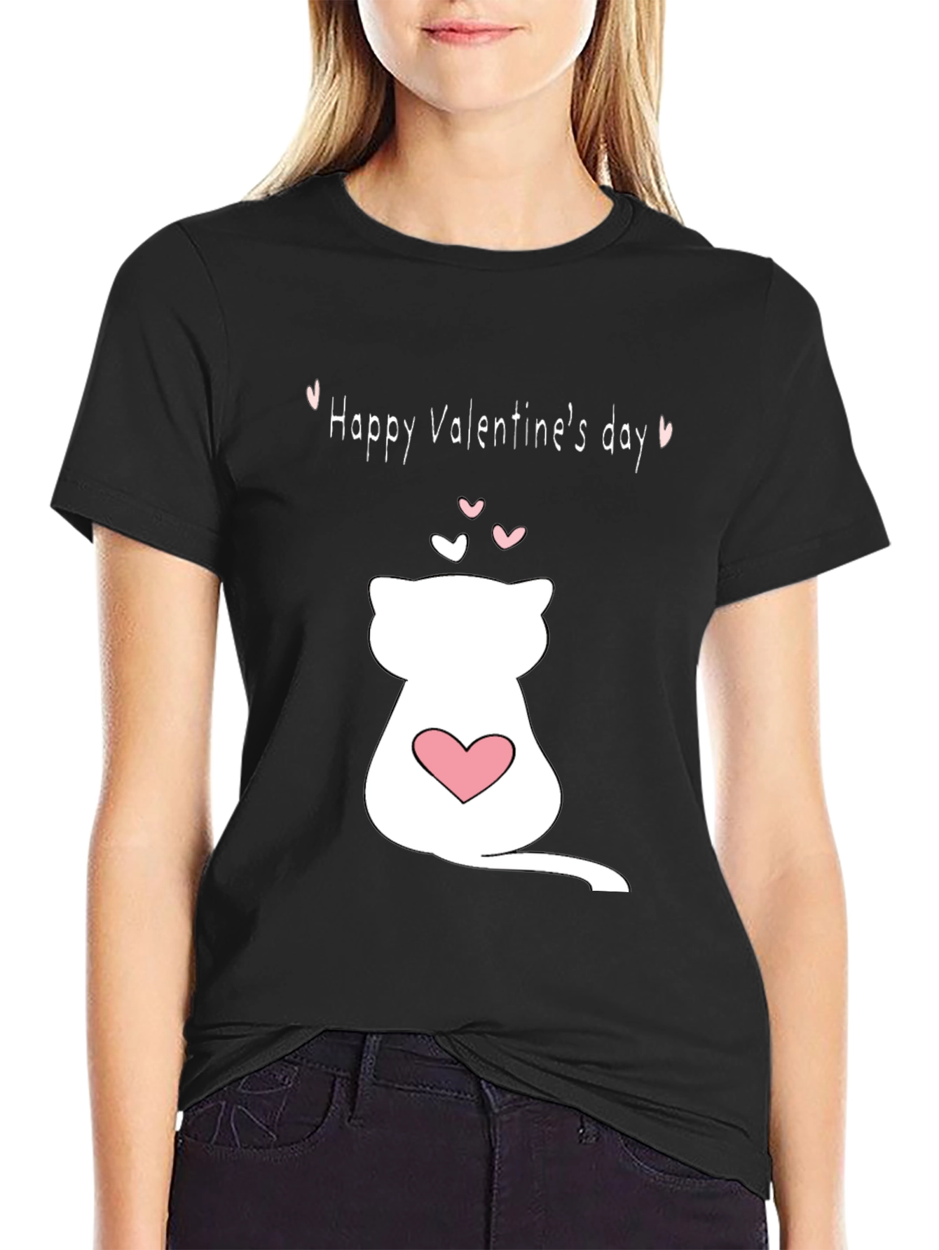 Cat Valentines Day T-Shirt - Black Crew Neck
