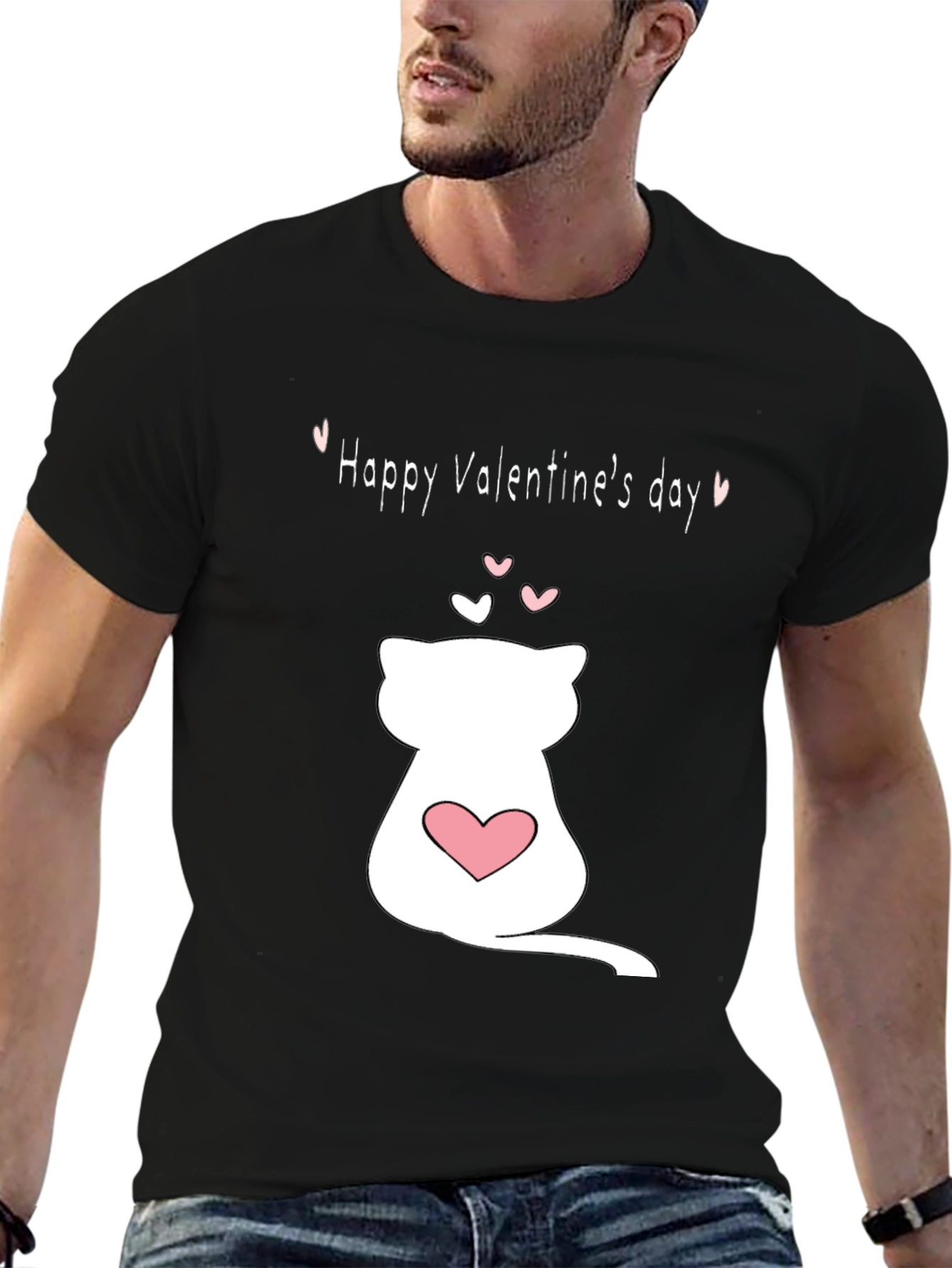 Cat Valentines Day T-Shirt - Black Crew Neck
