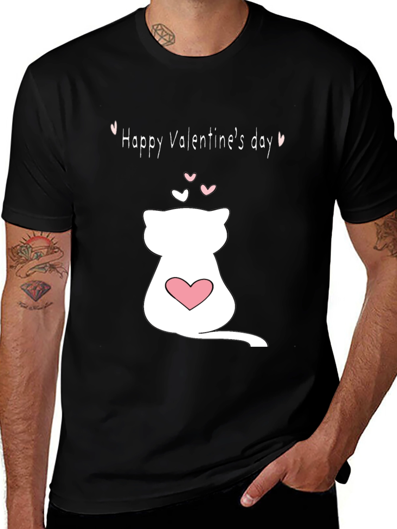 Cat Valentines Day T-Shirt - Black Crew Neck