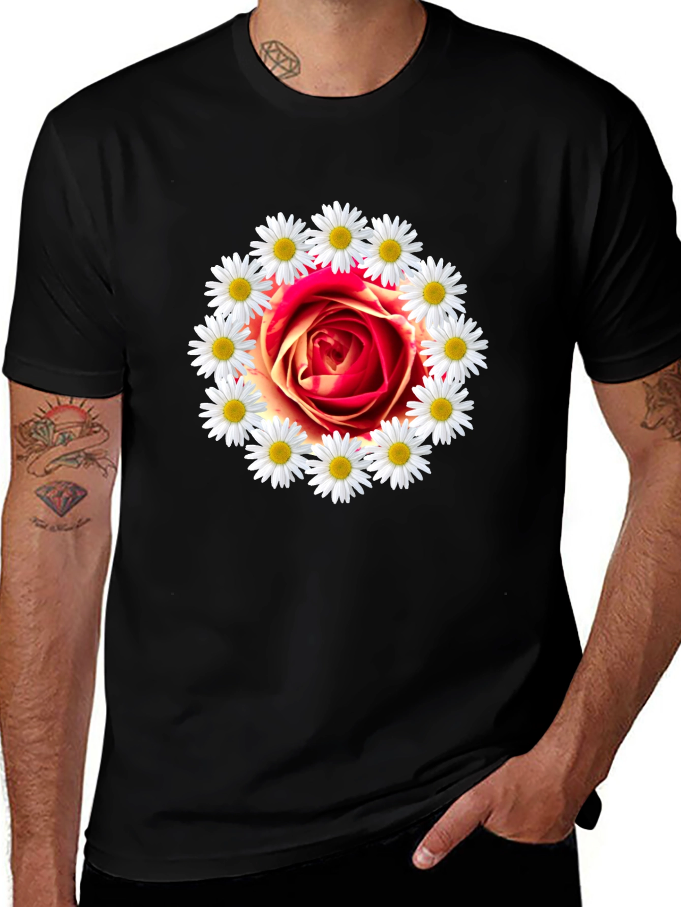 Rose and Daisy Graphic Tee - Black Cotton T-Shirt