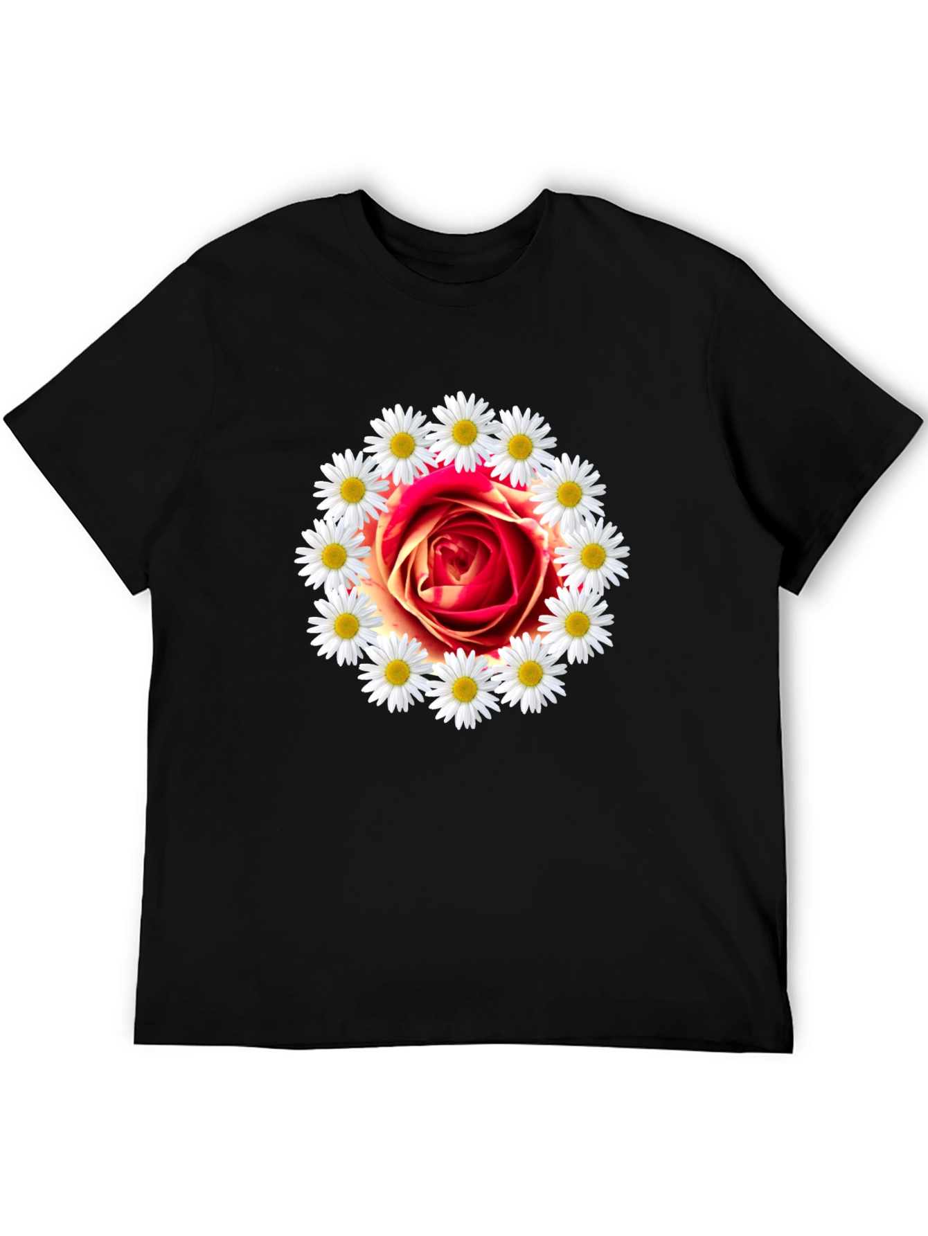Rose and Daisy Graphic Tee - Black Cotton T-Shirt