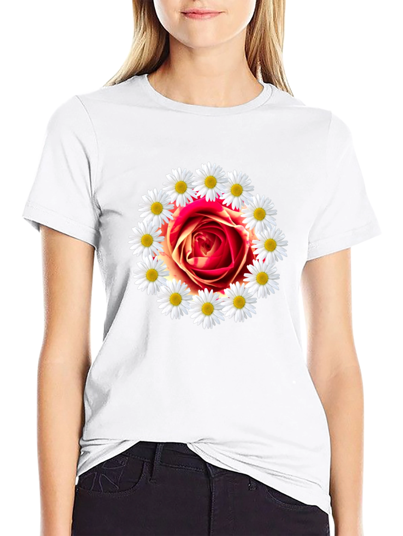 Rose and Daisy Graphic Tee - Black Cotton T-Shirt