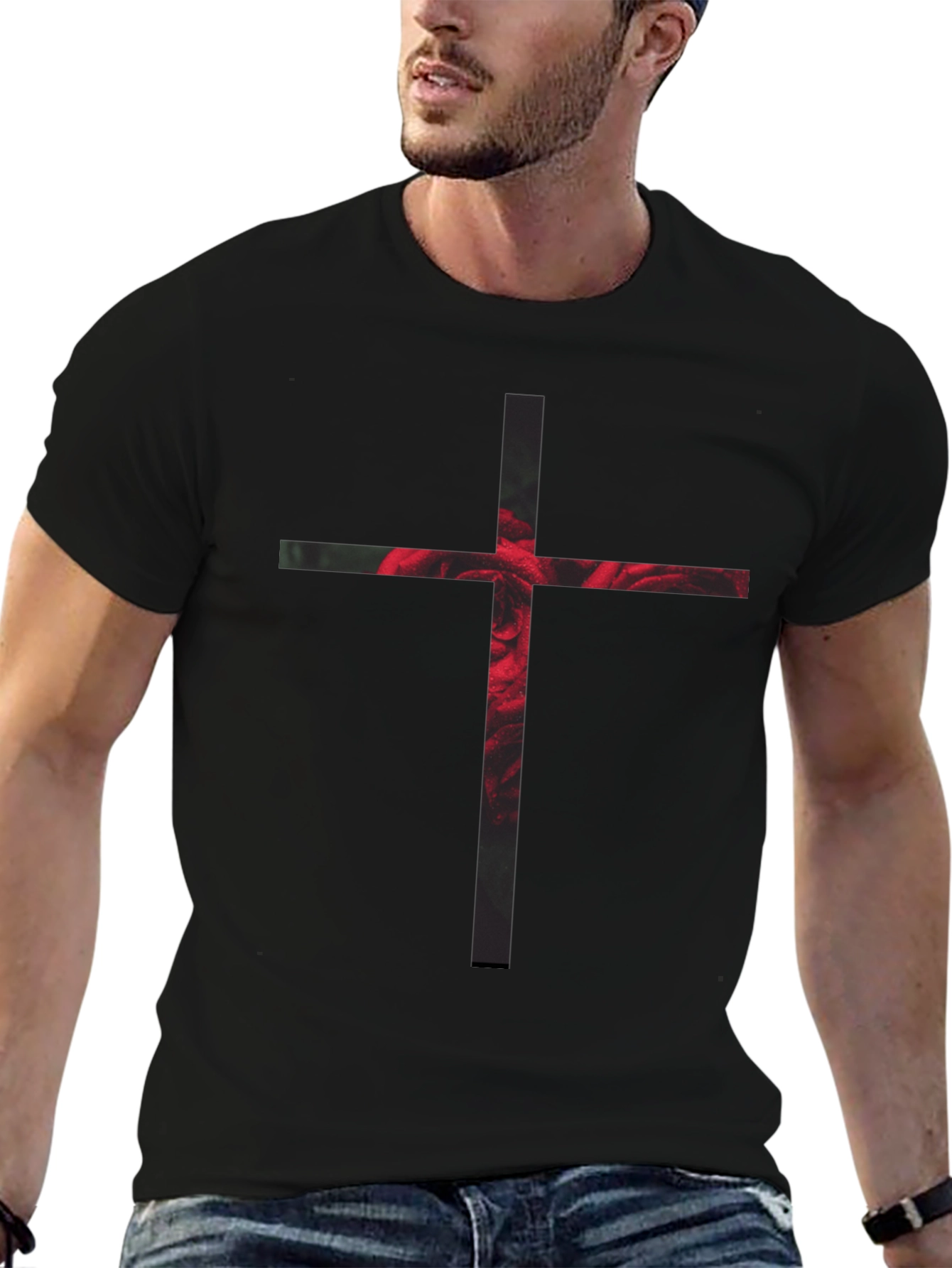 Rose Cross Graphic Black T-Shirt