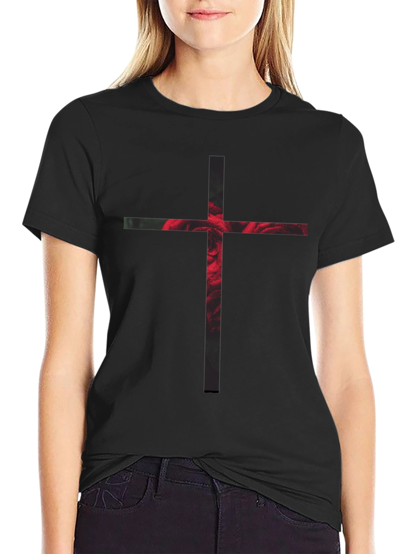 Rose Cross Graphic Black T-Shirt