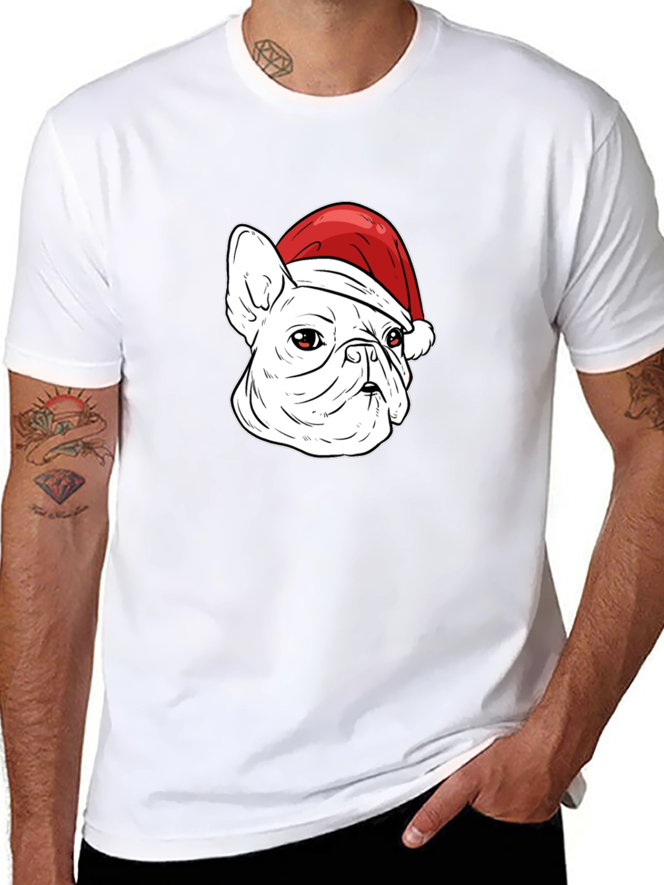 Bulldog Santa Hat Graphic Tee - Mens Black T-Shirt